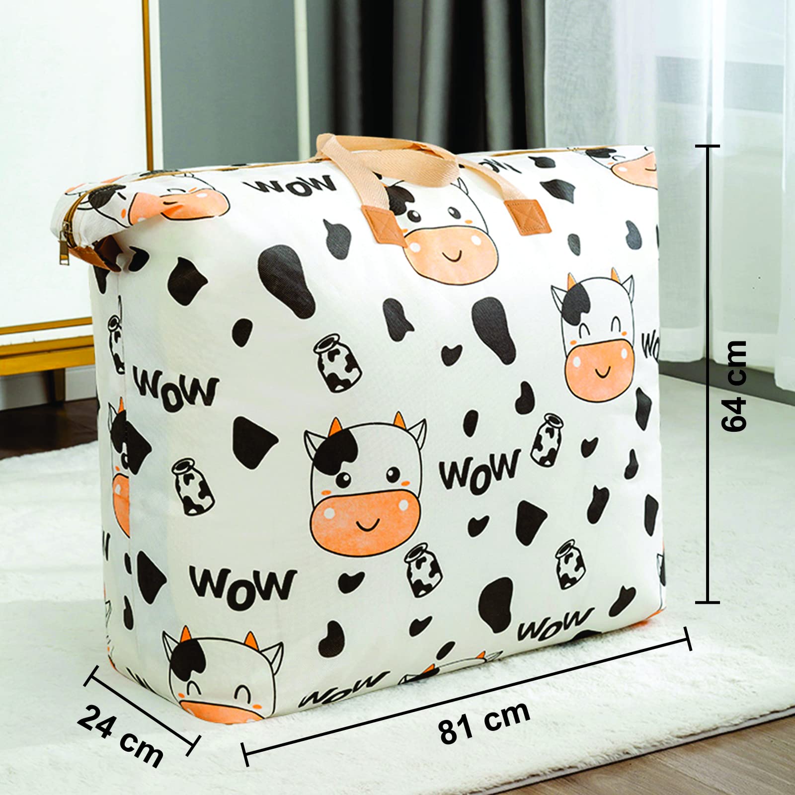 Wolpin Non-Woven Extra Large Size Underbed Storage Bag Waterproof (81 X 24 X 64 Cm) - Zippered Closure & Handle Cow Print, Recta