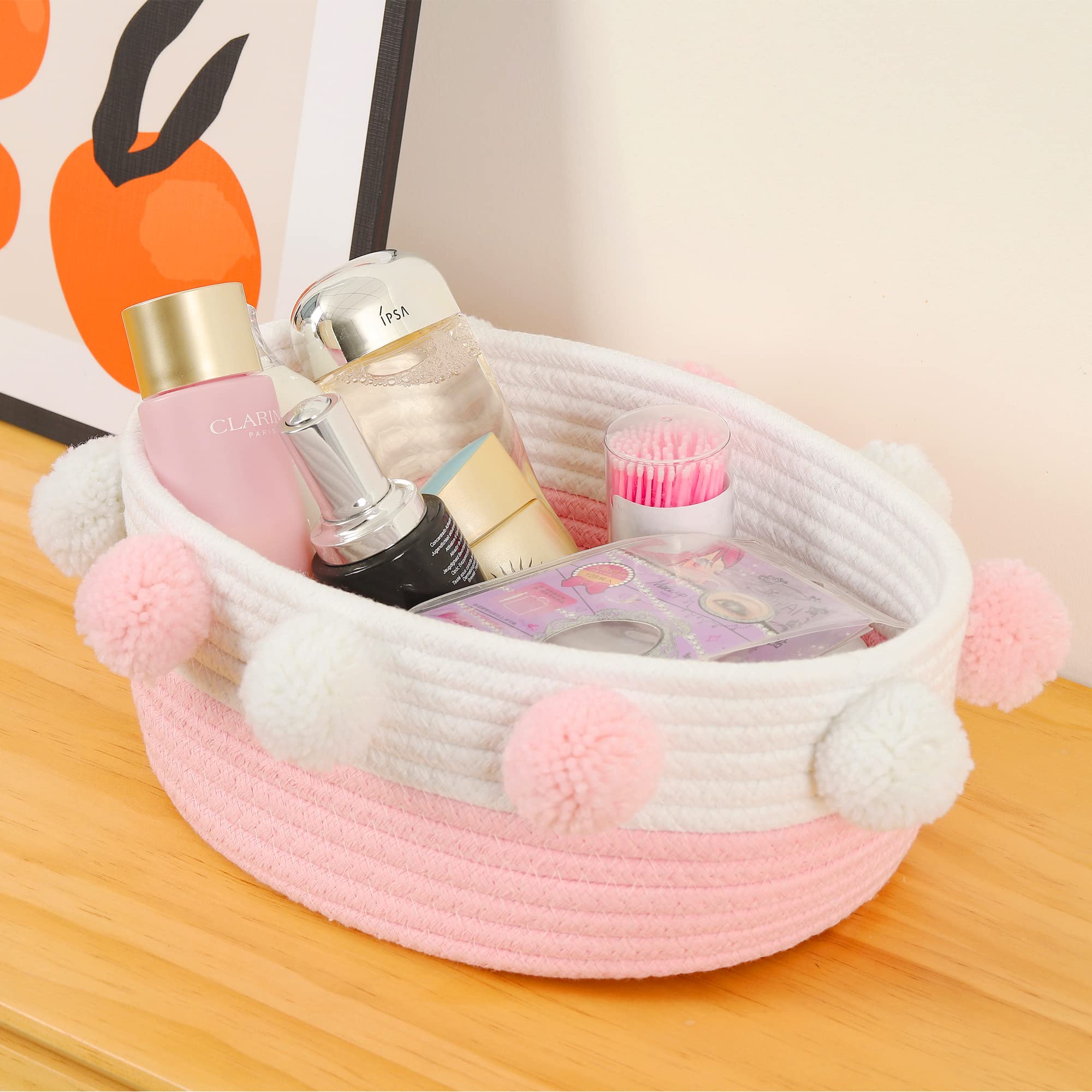 Rengaorise Small Pink Basket With Pompoms, 10.6'' X 9.8'' X 4.3'' Oval Decorative Cute Cotton Rope Woven Baby Basket For Books,