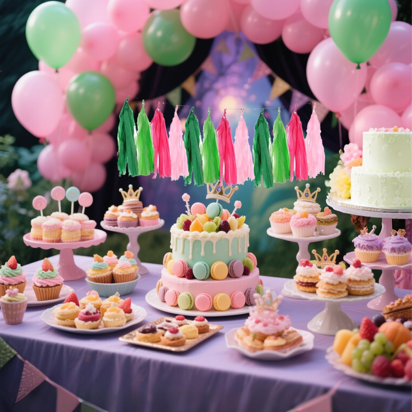 Pink and Green Tissue Paper Tassels Party Tassel Garland Banner for Hawaiian Summer Tropical Theme Party Birthday Wedding Decora