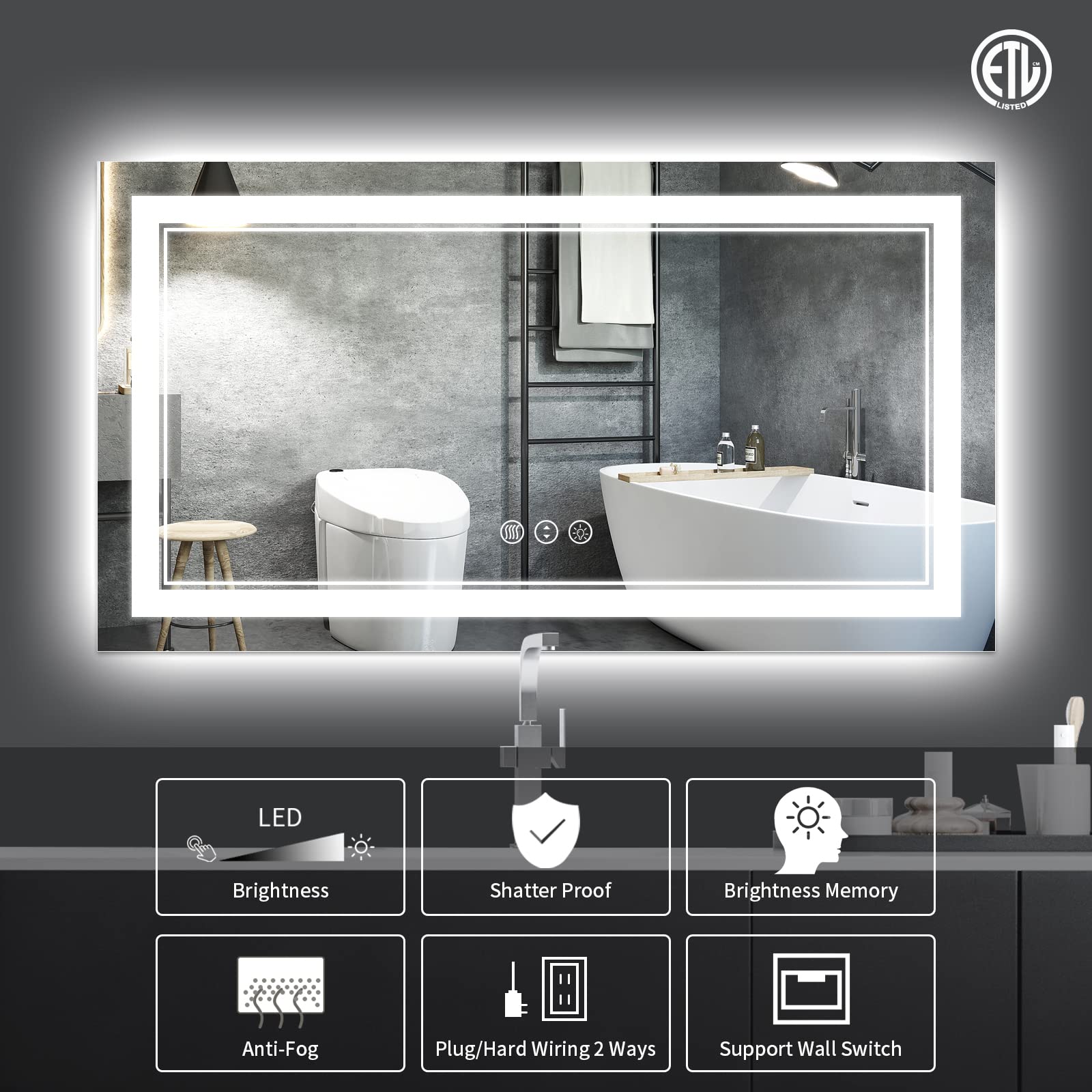 Istripmf 55X30 Inch Led Bathroom Mirror, Backlit And Front Light Anti-Fog Dimmable Memory Lighted Vanity Mirror, Large Shatterpr