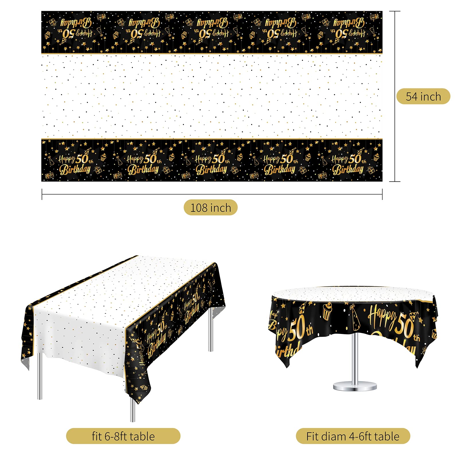 Ruisita 2 Pack Black Gold Table Cloth Cover Happy 50Th Birthday Tablecloth Party Tablecloths Rectangular Table Cloth Cover For I