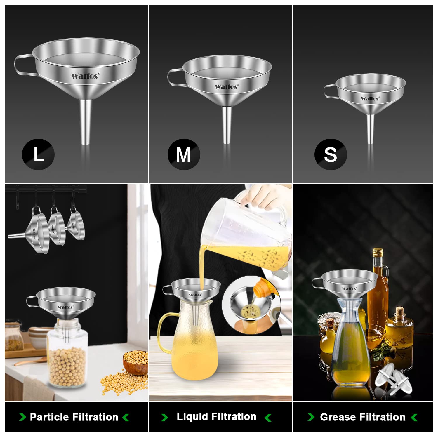 Stainless Steel Funnel, Walfos 3 Pack Kitchen Funnel With 2 Removable Strainer & 1Pcs Cleaning Brush, Perfect For Transferring O