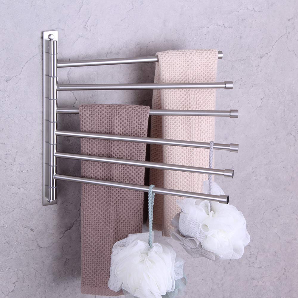 GERZWY Bathroom Swing Arm Towel Bars Wall Mount Bath Towel Rack with 6 Arms Hanger Towel Holder Organizer Brushed Stainless Steel