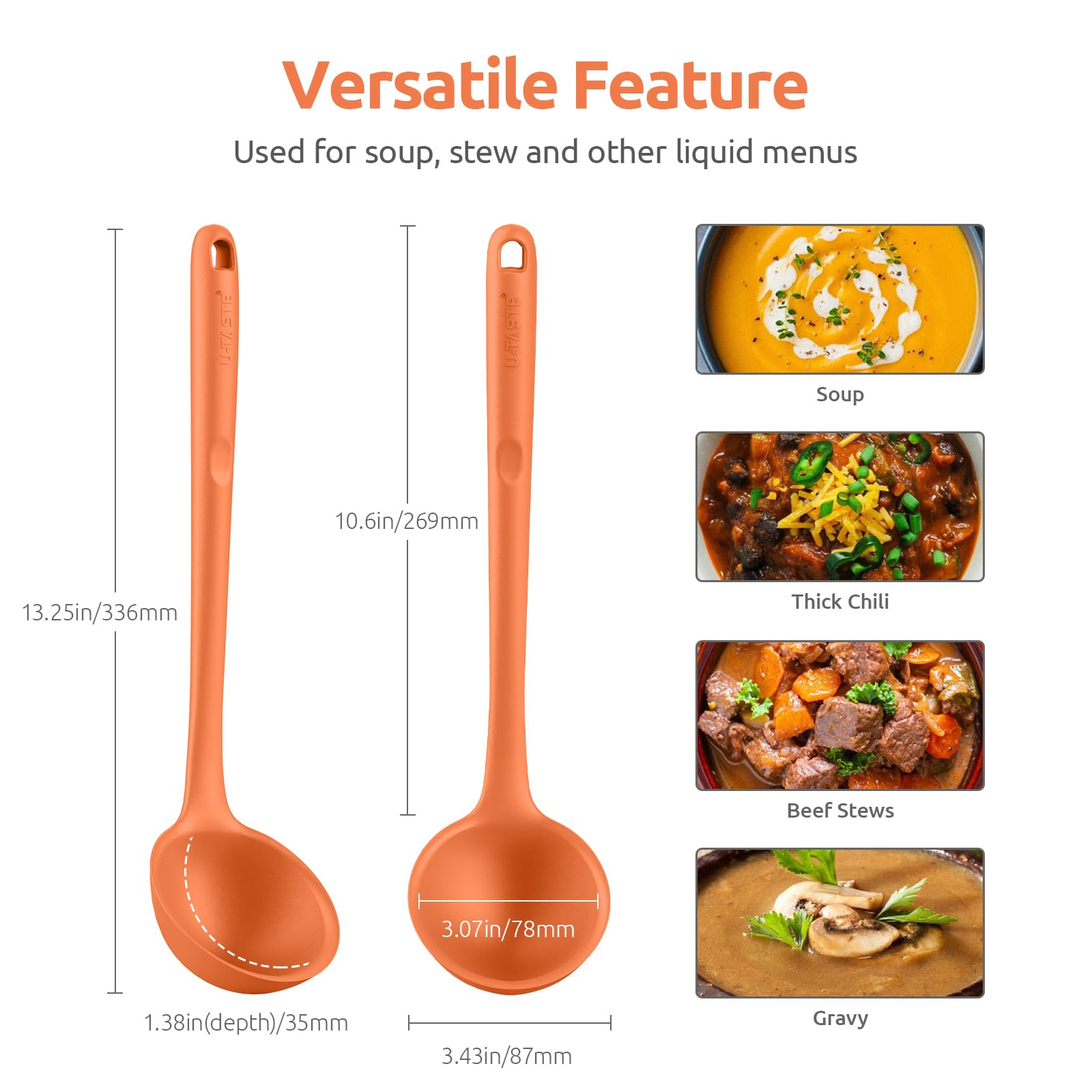 13 Inch Silicone Soup Ladle: U-Taste 600F Heat Resistant 4 Oz Large Non-Stick Seamless Rubber Kitchen Deep Serving Spoon With No