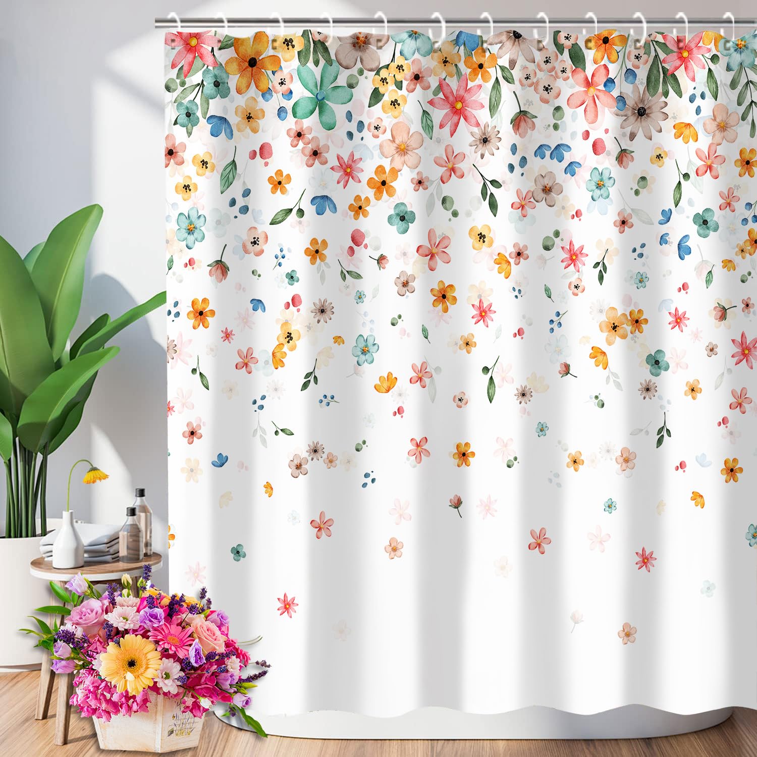 Zorket Colorful Floral Shower Curtain, Spring Summer Shower Curtains For Bathroom Decor, Watercolor Flower Waterproof Fabric Sho