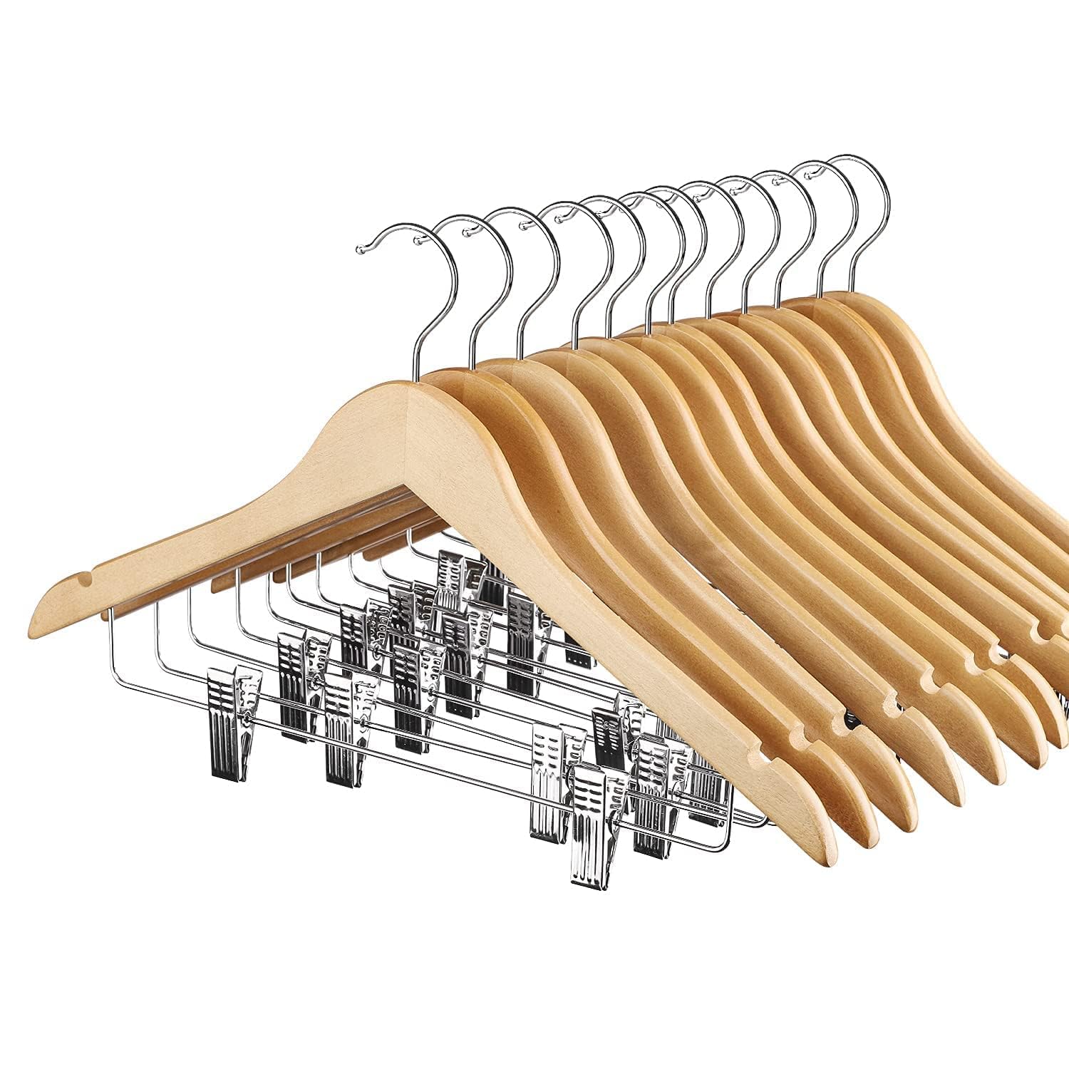 HOUSE DAY 12 Pack High-Grade Wooden Suit Hangers Skirt Hangers with Clips Solid Wood Pants Hangers Natural Smooth Finish Premium Wood Hangers with Durable Metal Clips for Blouse  Dress  Coat  Jacket