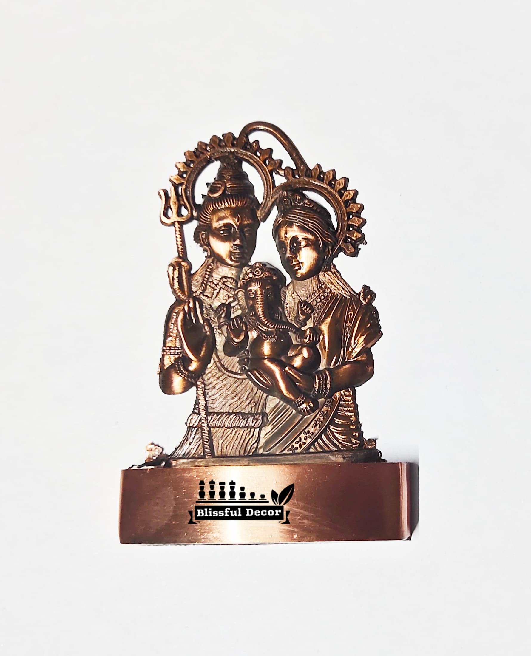 Blissful Decor Amishi Handicraft Metal Shiv parivar Statues | Copper Plated Shivji Parvati Ganesh Murti for Temple Pooja Home De