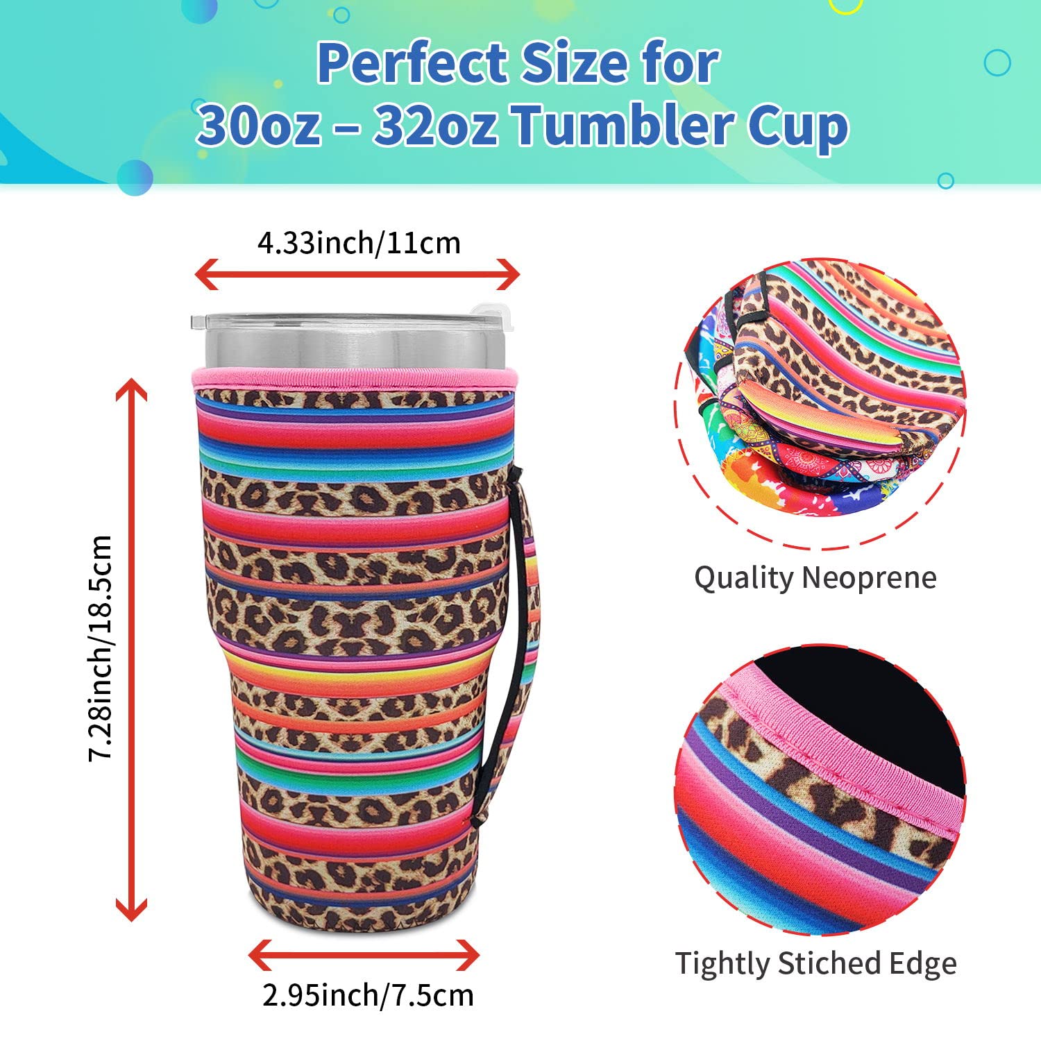 Reusable Iced Coffee Cup Sleeve Neoprene Insulated Sleeves Cup Cover Holder Idea For 30Oz - 32Oz Tumbler Cup (Only Cup Sleeves)