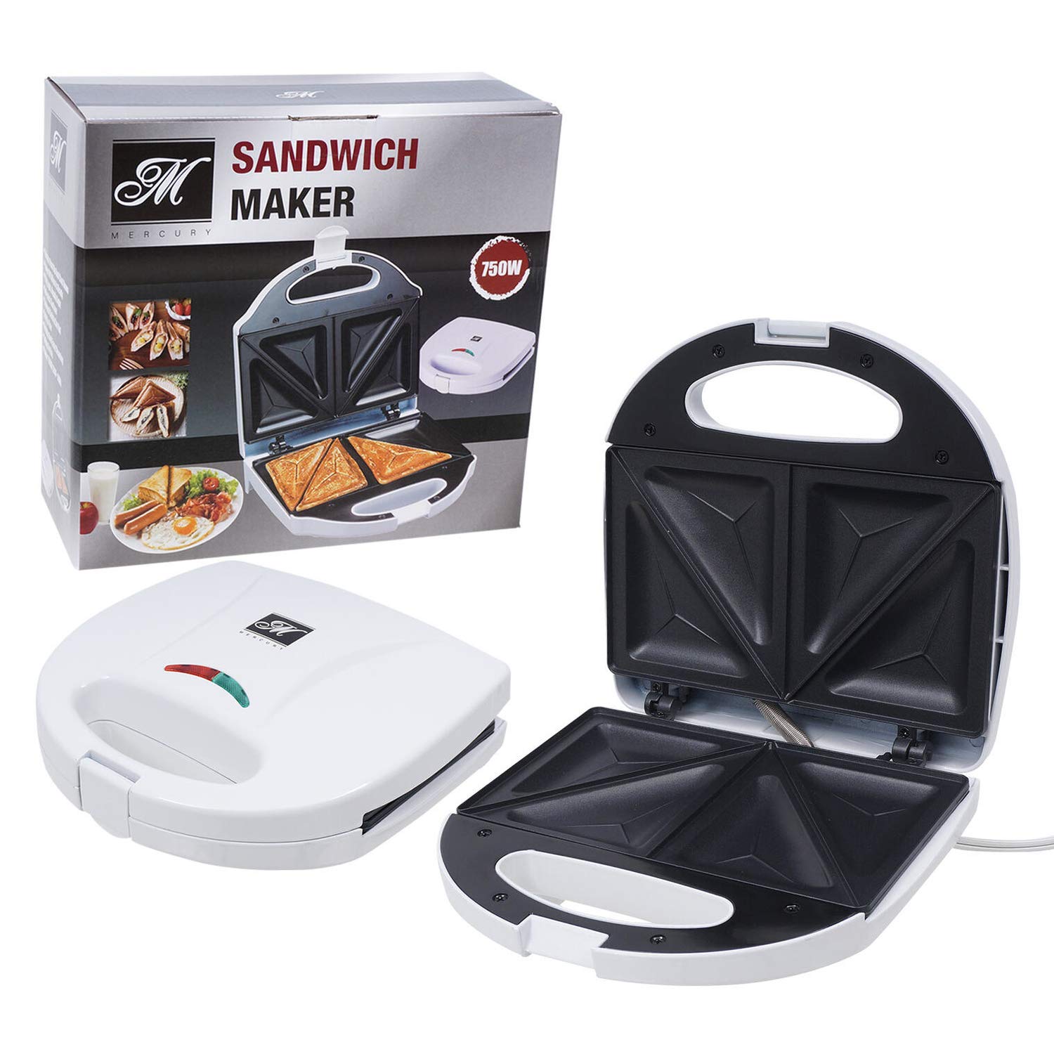 Mercury Sandwich Maker and Toaster with NonStick Surface, White (46781)