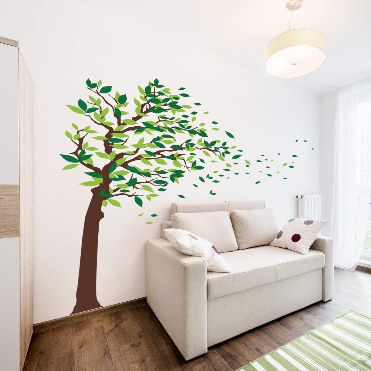 Decalmile Green Tree Wall Stickers Flying Leaves Wall Decals For Home ...