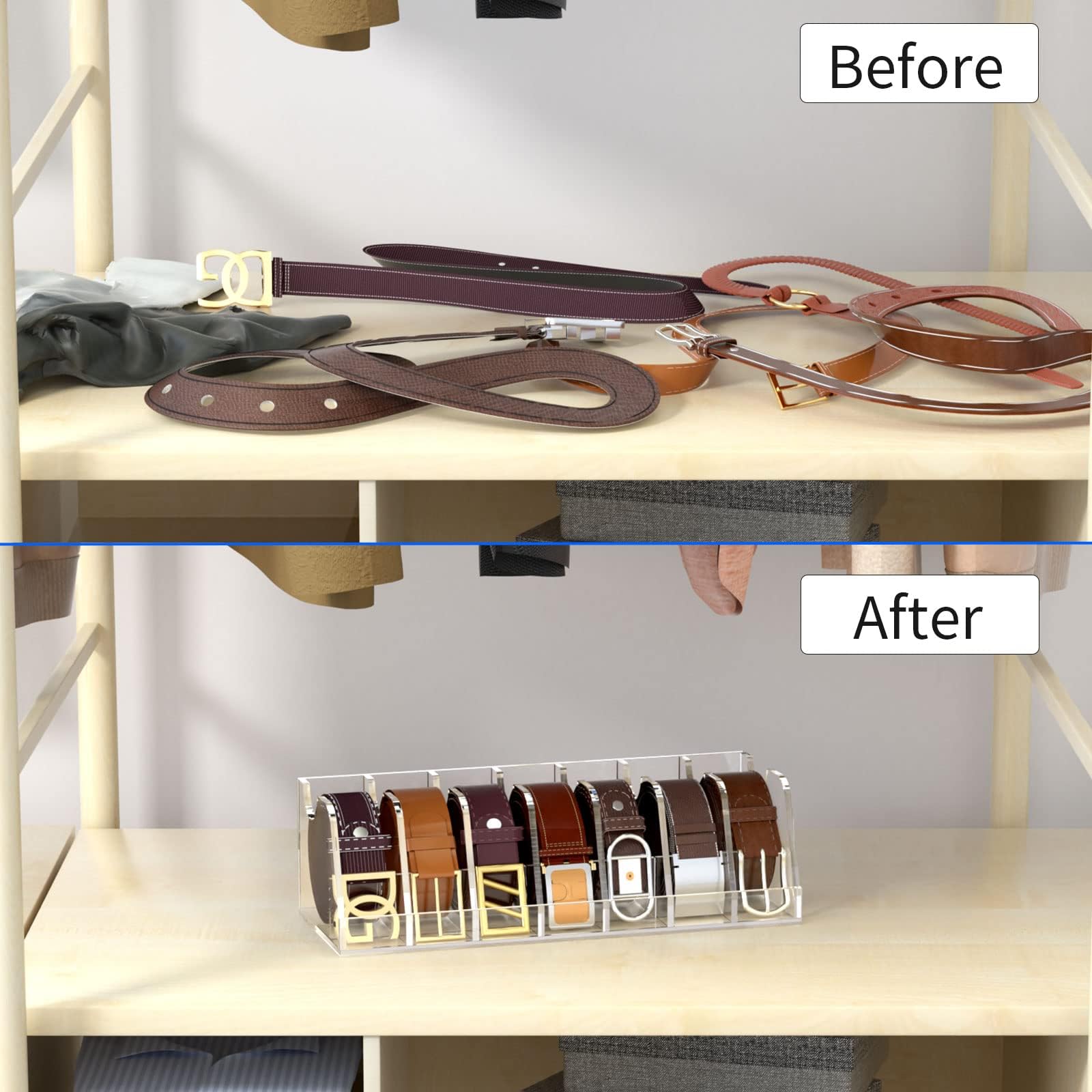Niubee Belt Organizer, Acrylic Belt Storage Holder For The Closet And Drawer, 7 Compartments Belt Box With Display Stand