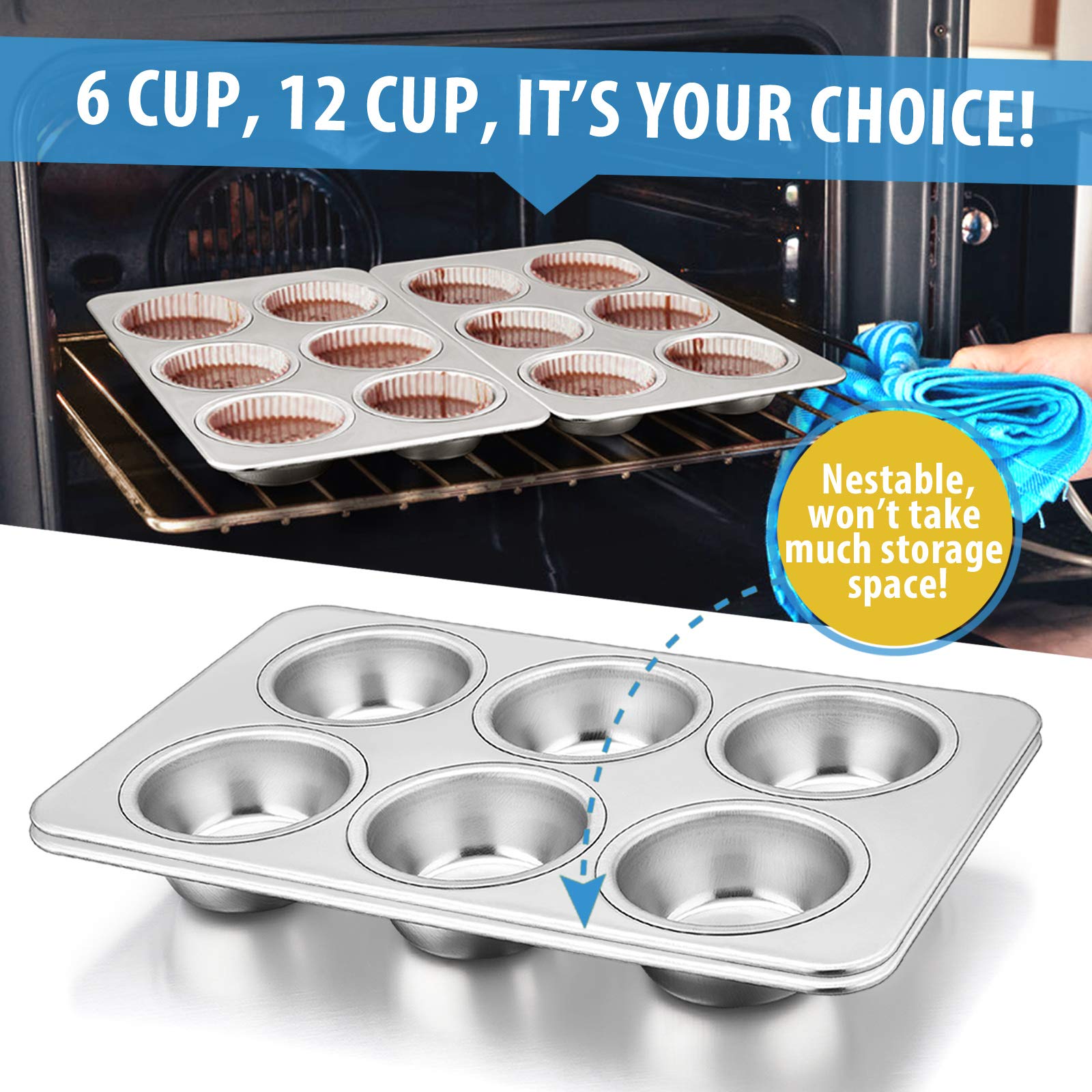E-Far Muffin Pan Set Of 2, Stainless Steel Muffin Pan Tin For Baking, 6-Cup Metal Cupcake Pan Tray, Non-Toxic & Healthy, Oven &