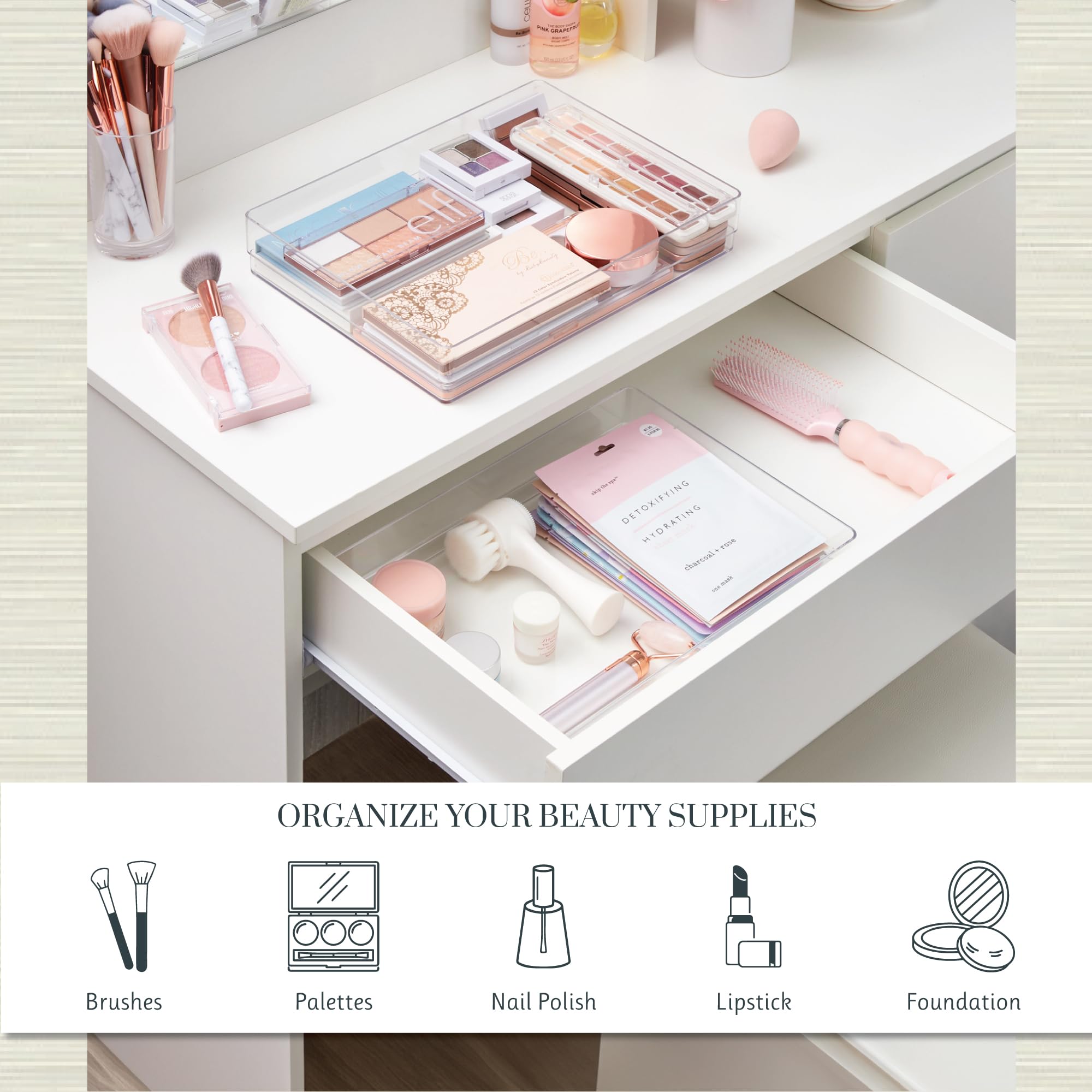STORi SimpleSort 2-Piece Stackable Clear Drawer Organizer Set | 12'' x 9'' x 2'' Rectangle Trays | Wide Makeup Vanity Storage Bi