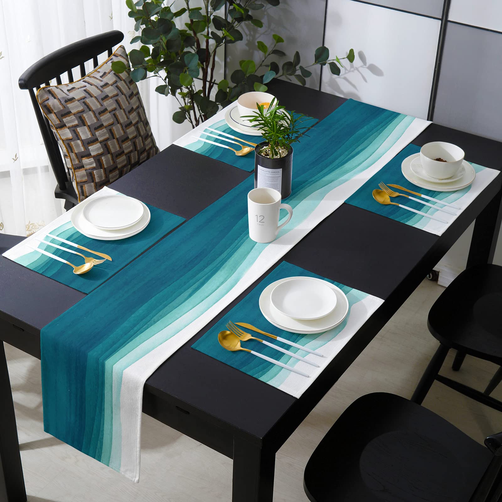 Teal Gradient Table Runner 70 Inch And Place Mats Set Of 6 Watercolor Teal White Gradient Cotton Linen Table Mats Set, Heat Insu