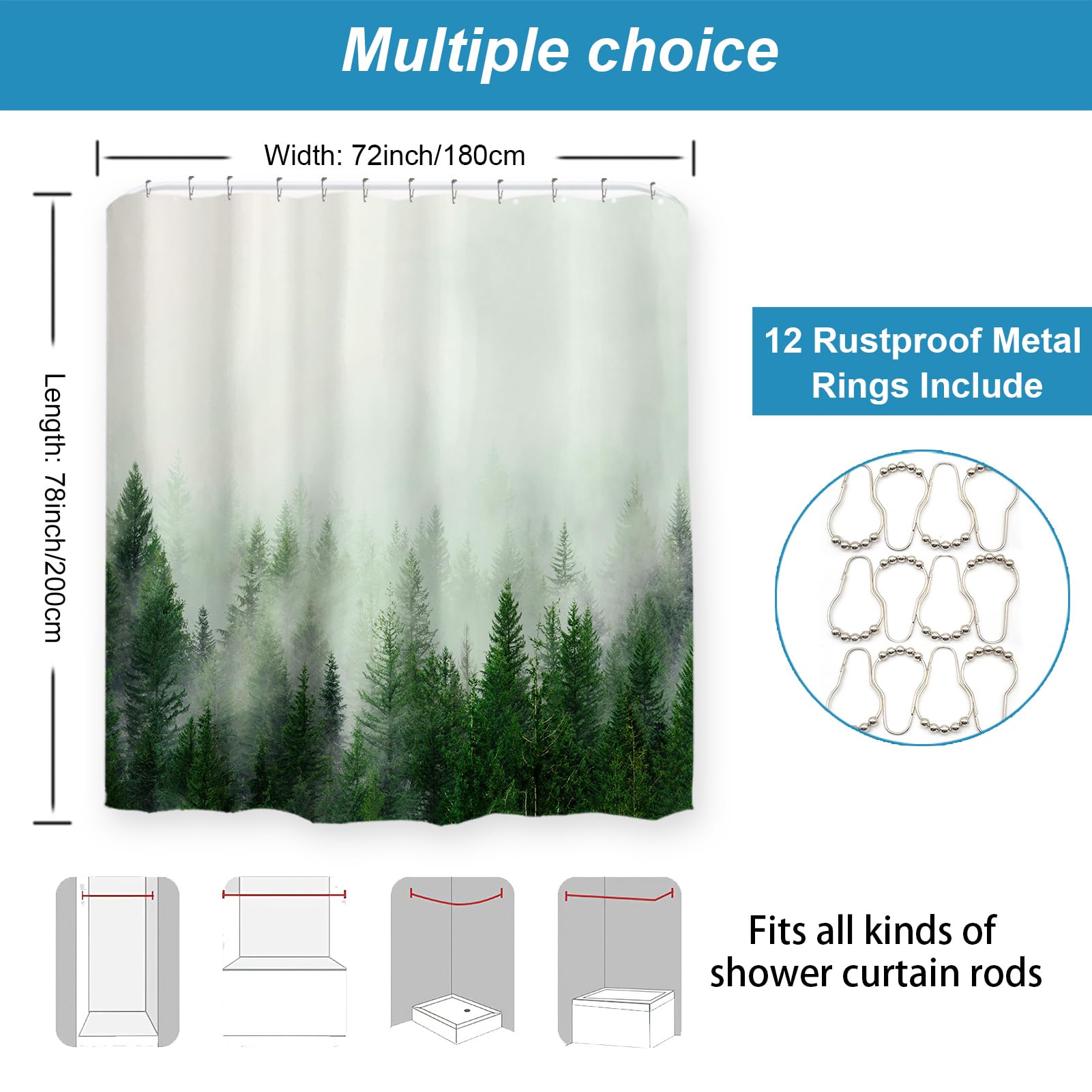 Ortigia Green Misty Forest Shower Curtains,Nature And Woodland Shower Curtain,Fantasy Fog Magic Winter Tree Bath Curtain For Bat