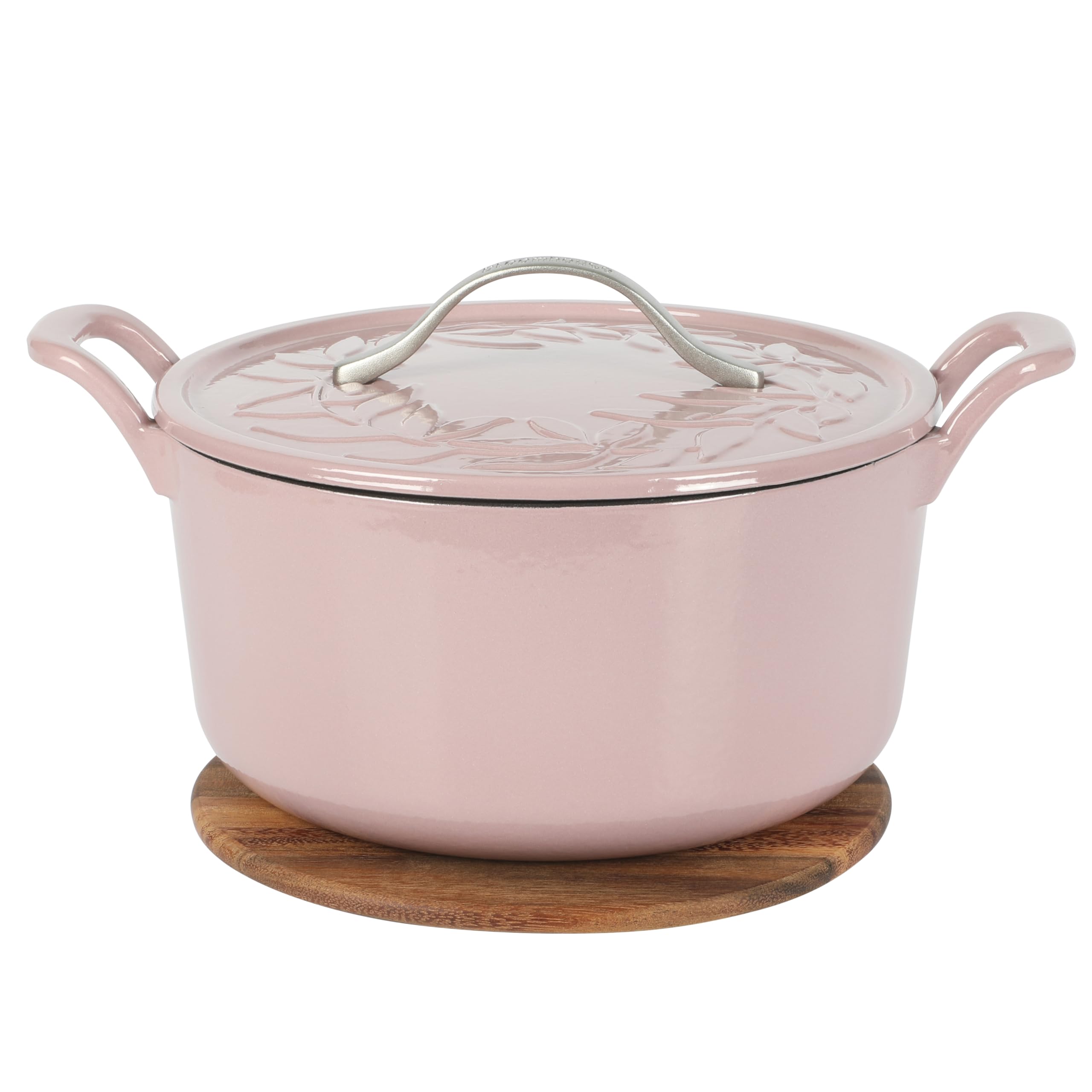Bloomhouse 7 Qt Cast Iron Dutch Oven W/Embossed Lid, European Enamel, & Walnut Wood Trivet - Orchid Pink