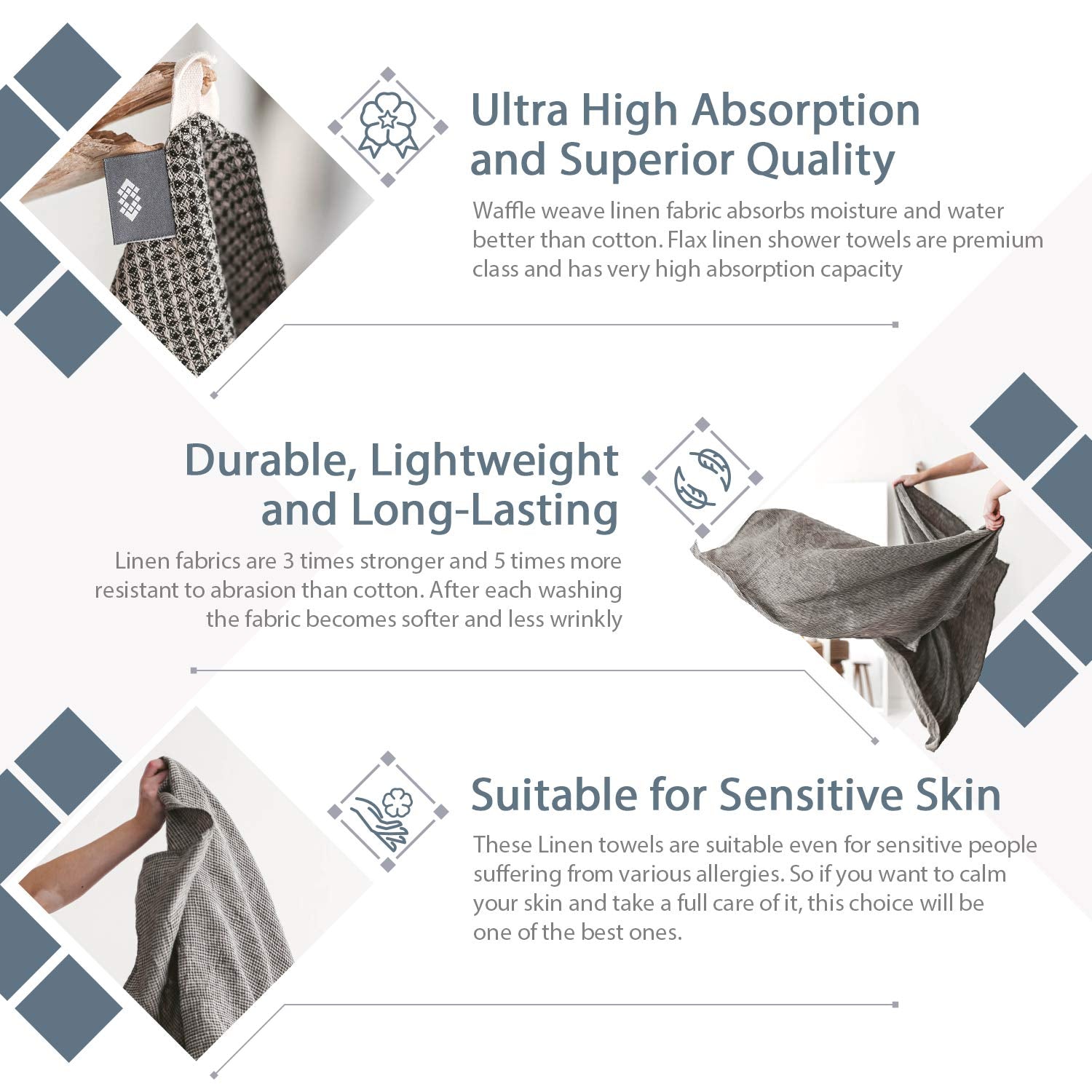Pure 100% Linen Hand Towels - Set Of 2 Linen Kitchen Towels Waffle Weave Black-Natural - 13 X 29-Inch Soft Lightweight Stone-Was