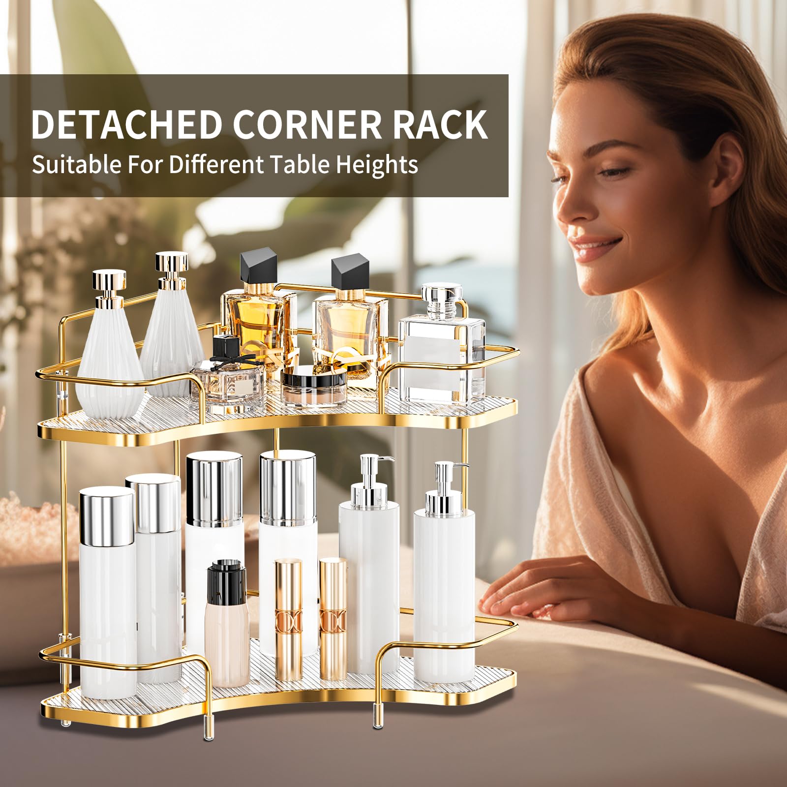 Seoneiro 2 Tier Corner Bathroom Counter Organizer, Cosmetic Skincare Organizer, Bathroom Countertop Perfume Tray Vanity Organize