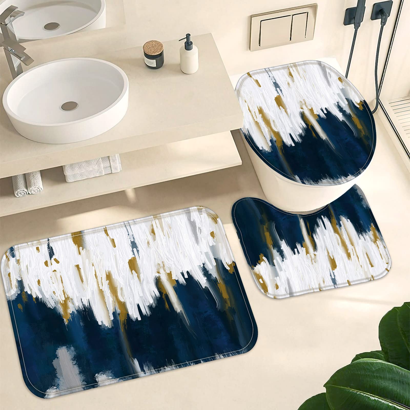 Fungarth 4 Pcs Navy Blue Shower Curtain Set With Rug Abstract Modern Simple Bathroom Sets With Waterproof Fabric Shower Curtain
