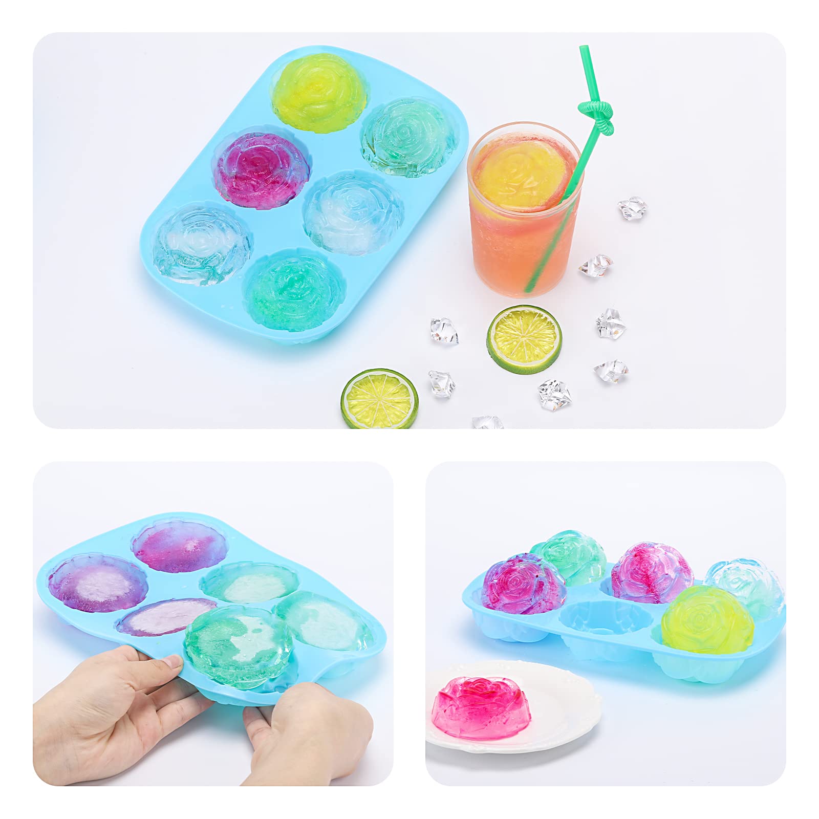 Silicone Rose Molds 5 Packs, 6-Cavity Non Stick Rose Flower Ice Cube Mold For Candy, Soap, Cupcake, Jelly, Chocolate, Blue