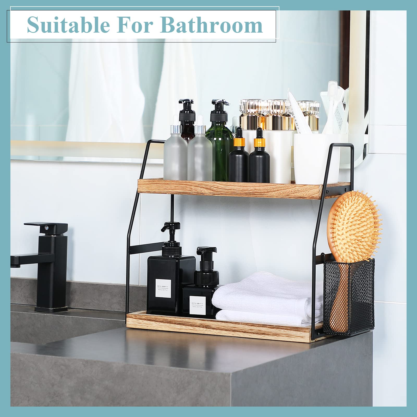 Bathroom Counter Organizer, 2-Tier Standing Storage Shelf With Basket, Wood Tray For Skincare Vanity Organizer