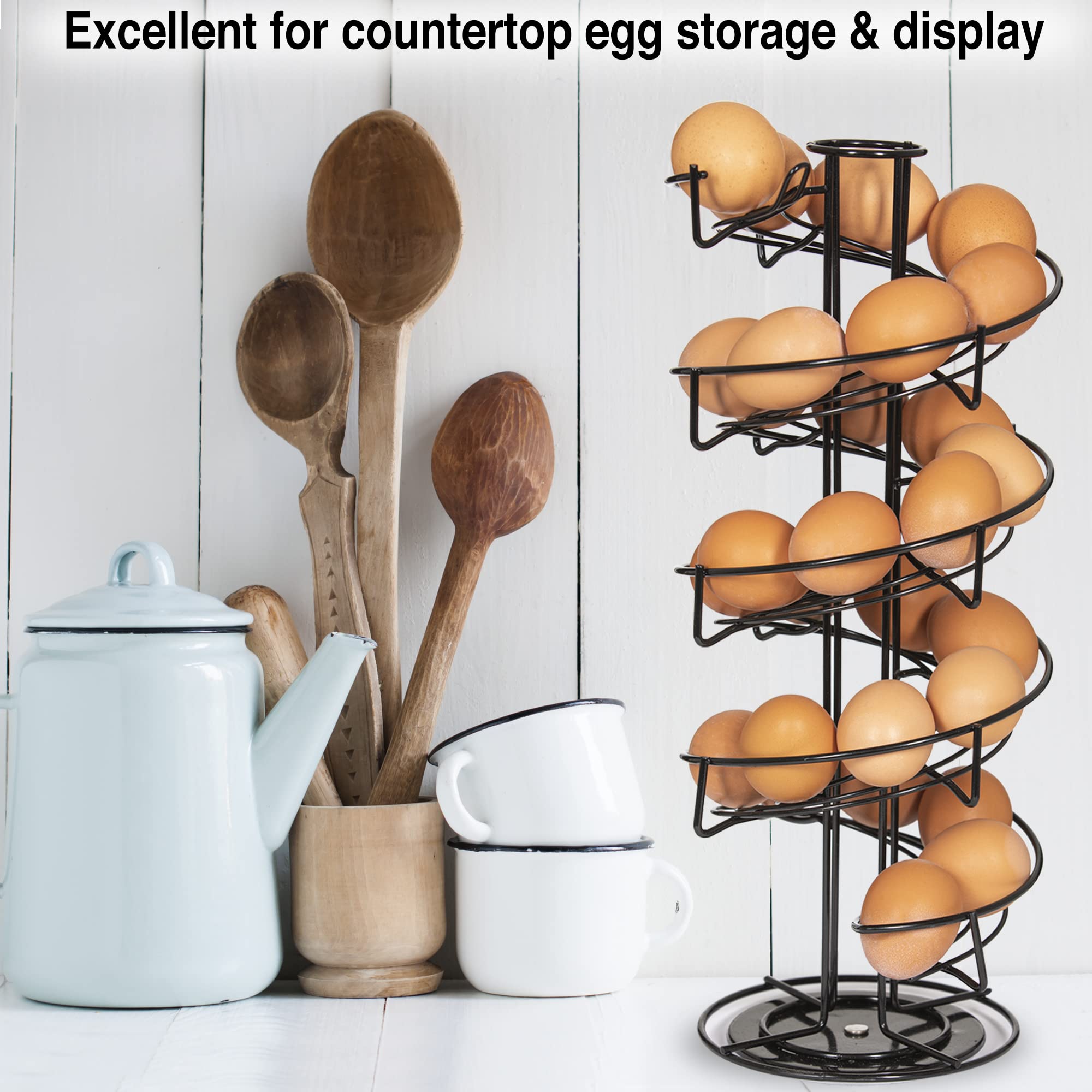 Woodland Acres Rotating Spiral Egg Dispensing Rack, Egg Skelter, Countertop Egg Storage & Display. Includes Matching Egg Collect