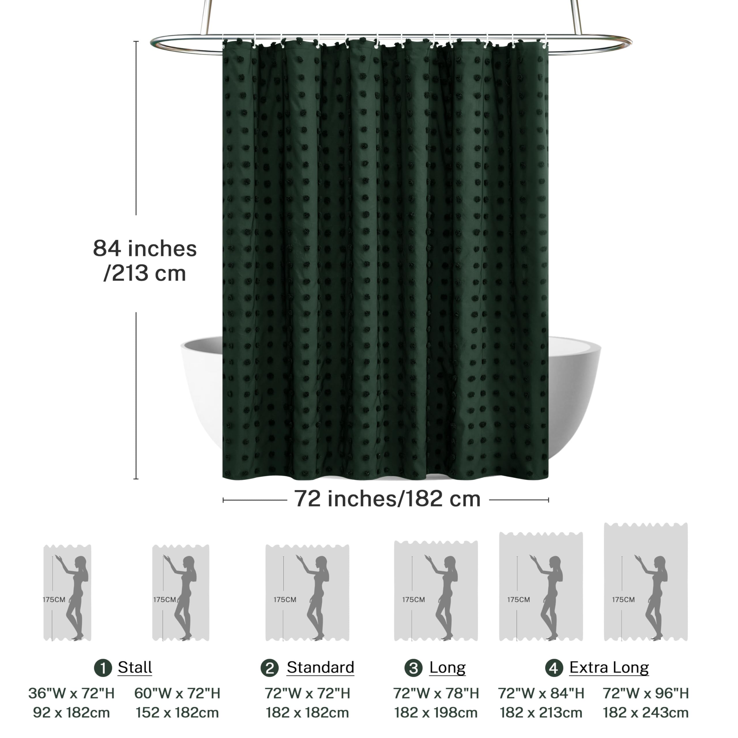 Extra Long Boho Farmhouse Shower Curtain Woven Fabric 84 Inch Dark Green Shower Curtain, 72 X 84 Tufted Pleat Floral Puffs Textu