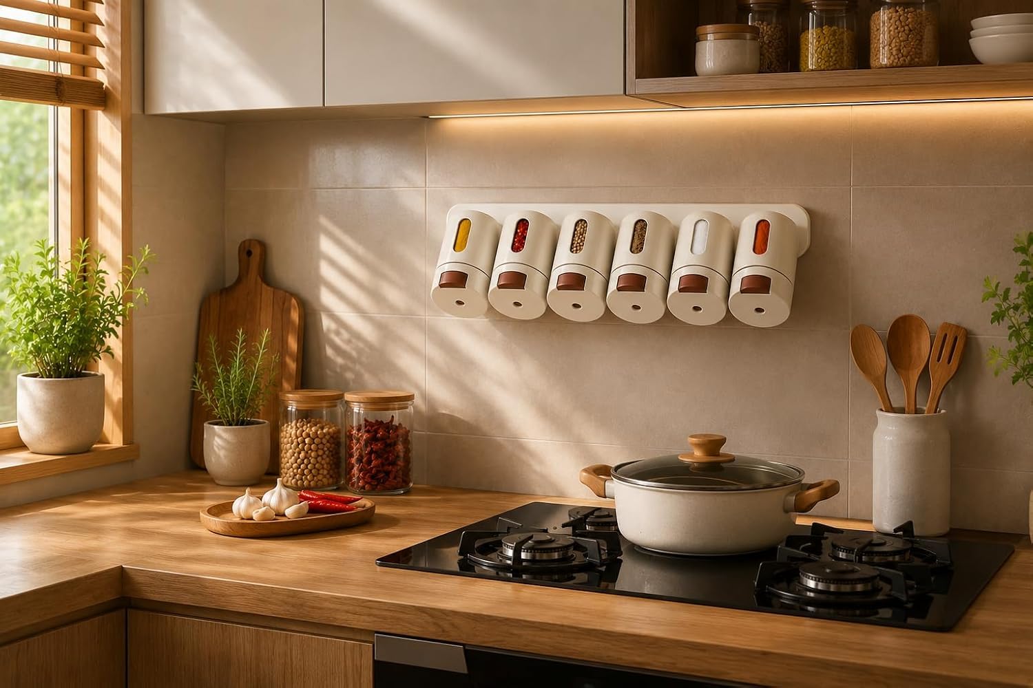 Bzivo 6Piece Wall Mounted Rotating Spice Rack Organizer With Transparent Window, OneTouch Dispensing, MoistureProof Seasoning