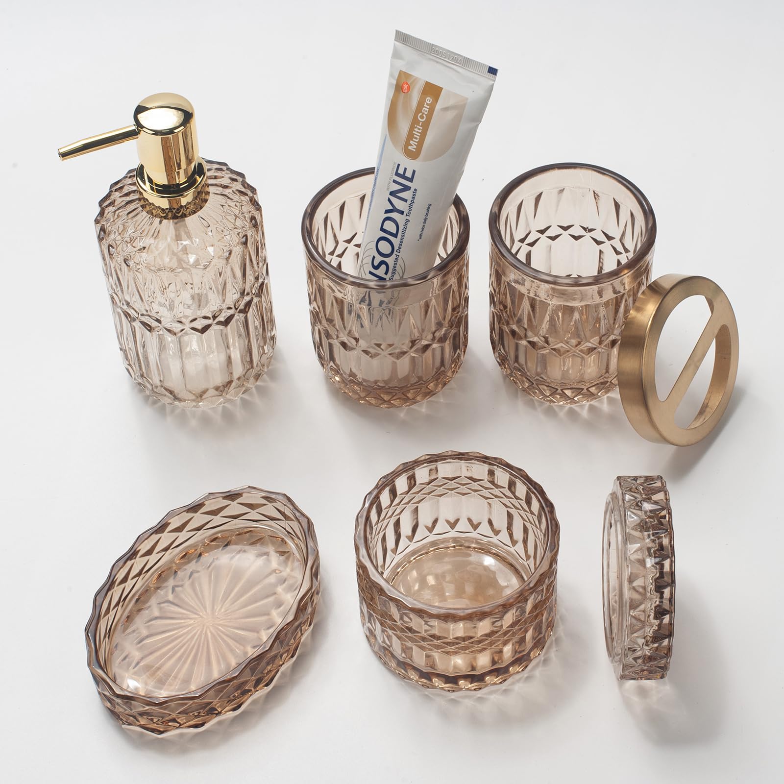 Ivailex 5Pcs Amber Brown Glass Bathroom Accessories Sets Of Lotion Dispenser, Soap Dish, Toothbrush Holder, Tumbler, Cotton Swab