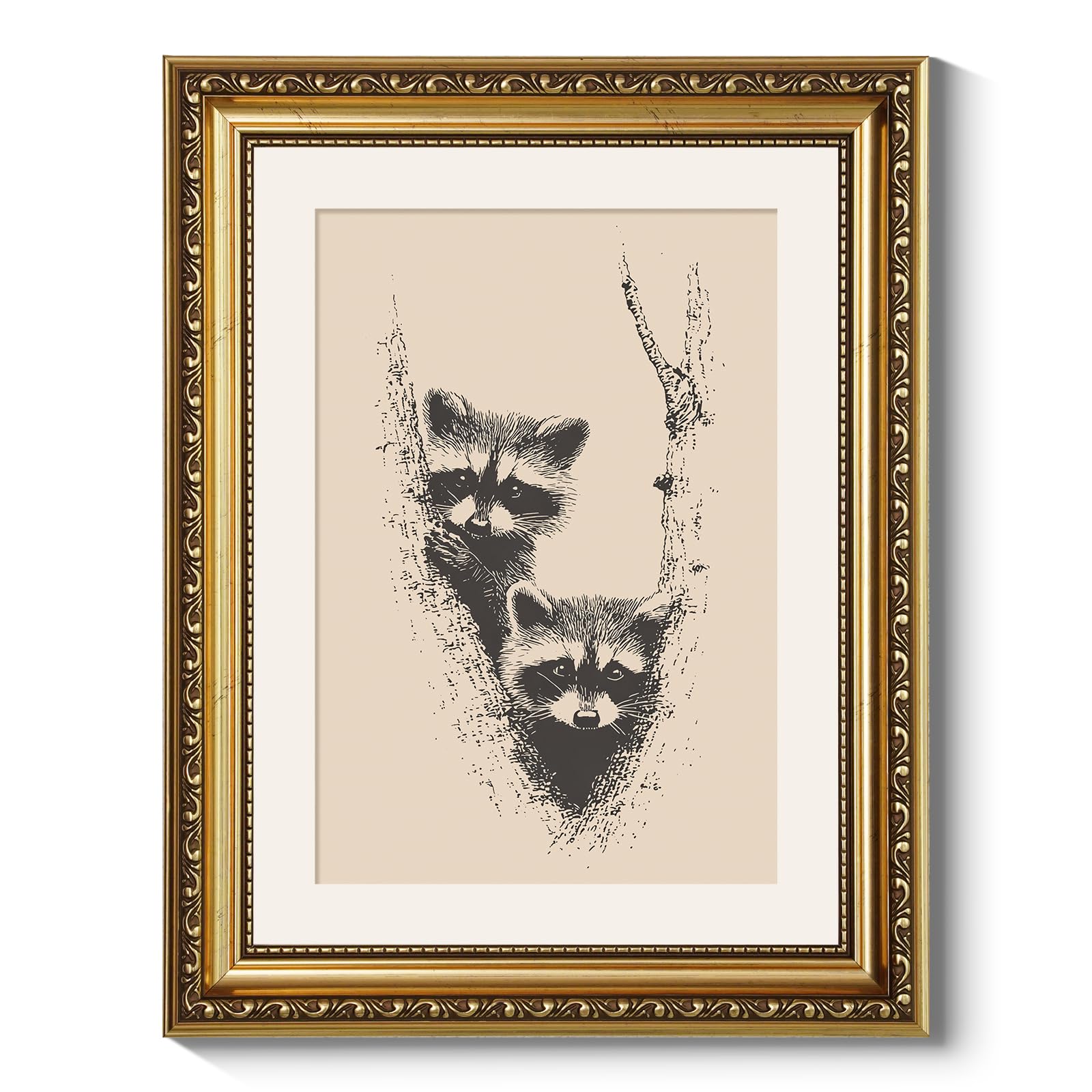 ARPEOTCY Vintage Gold Framed Wall Art for Living Room, 11x14 Inch Raccoon Canvas Print Home Decor, Sketch Animal Painting Pictur