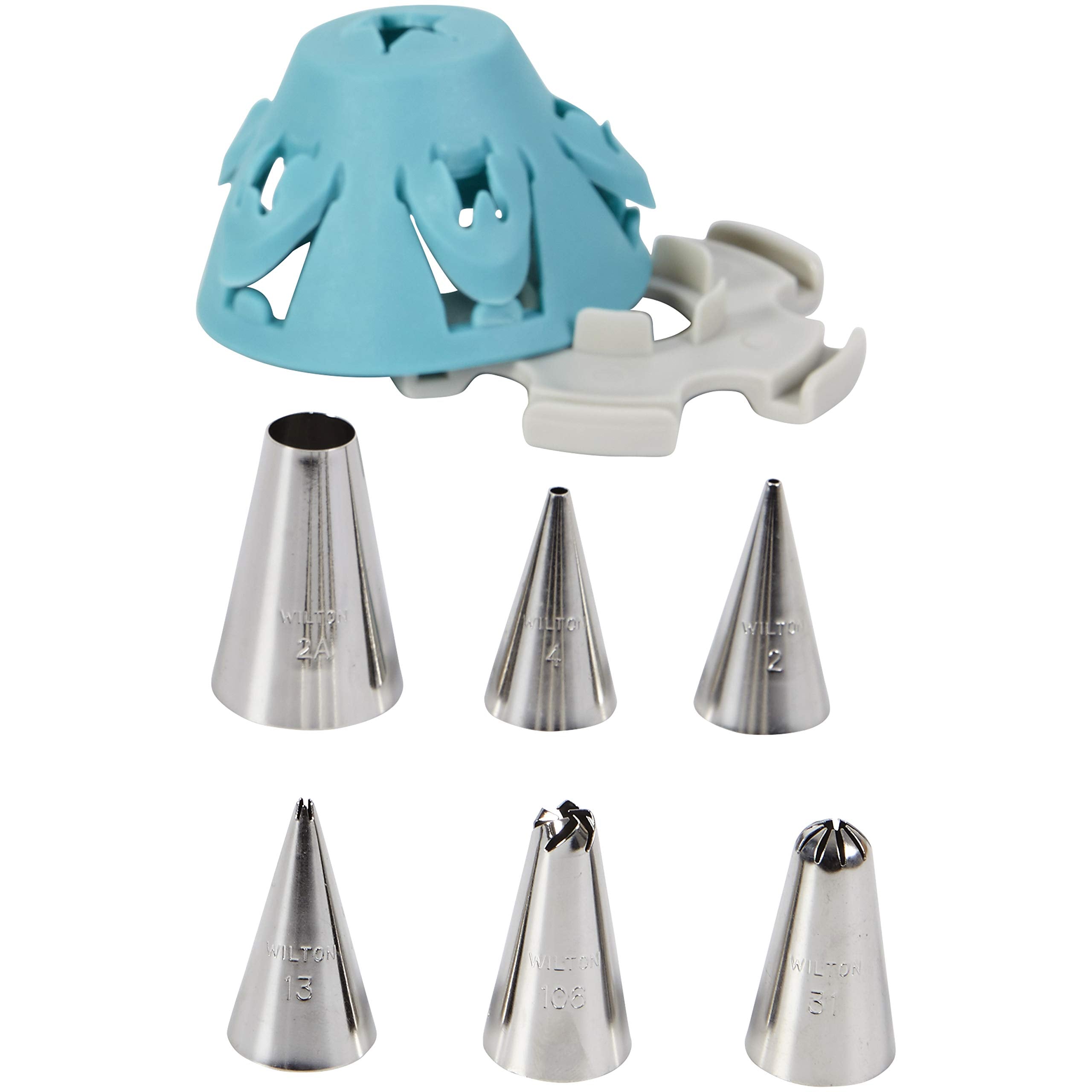 Wilton Biscuit/Cookie Piping Tip Set With Silicone Stand, Turquoise, 7 Piece