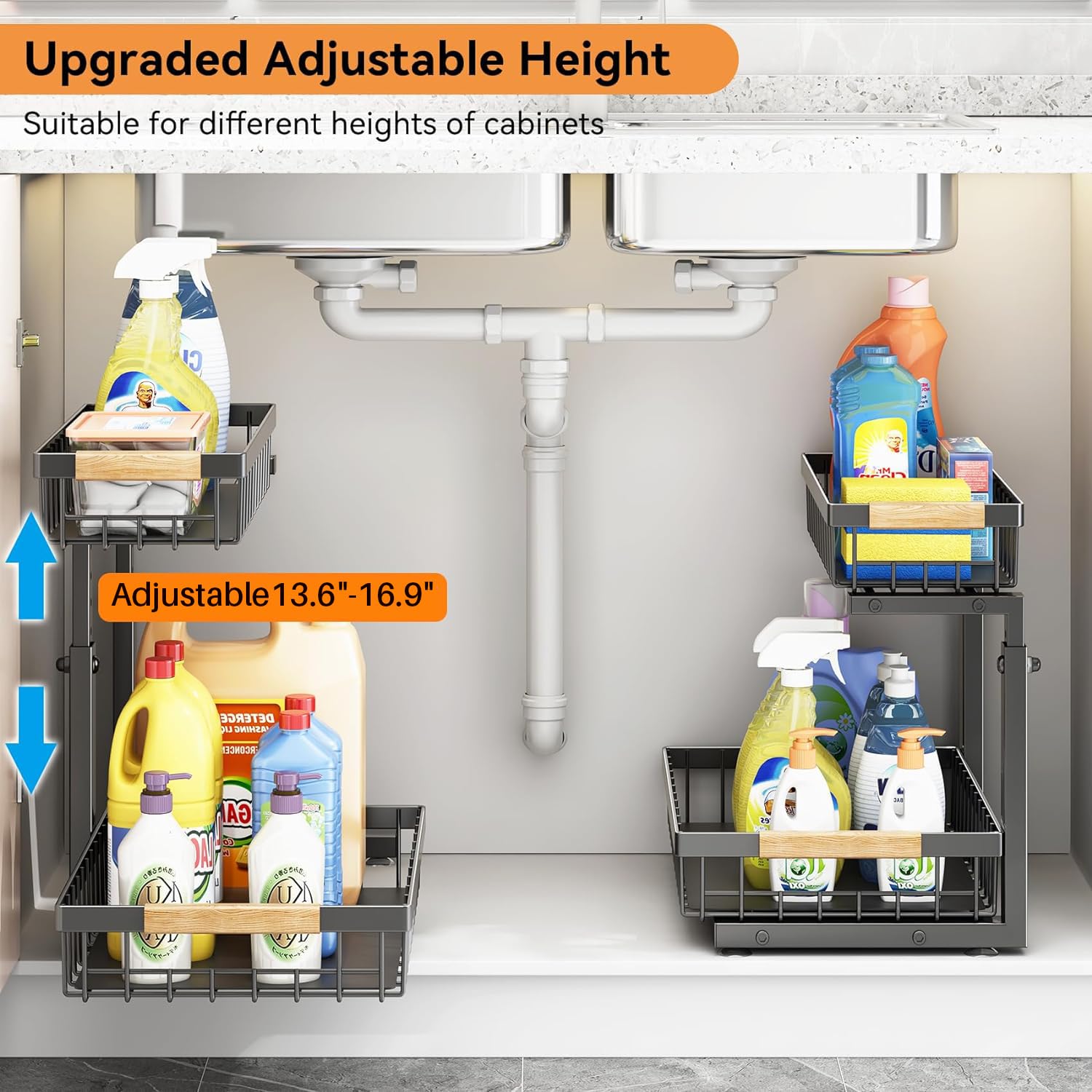 Under Sink Organizer, 2 Packs 2 Tier Under Sink Organizers And Storage, Slide Out Pull Out Cabinet Organizer Shelf, Metal Slidin