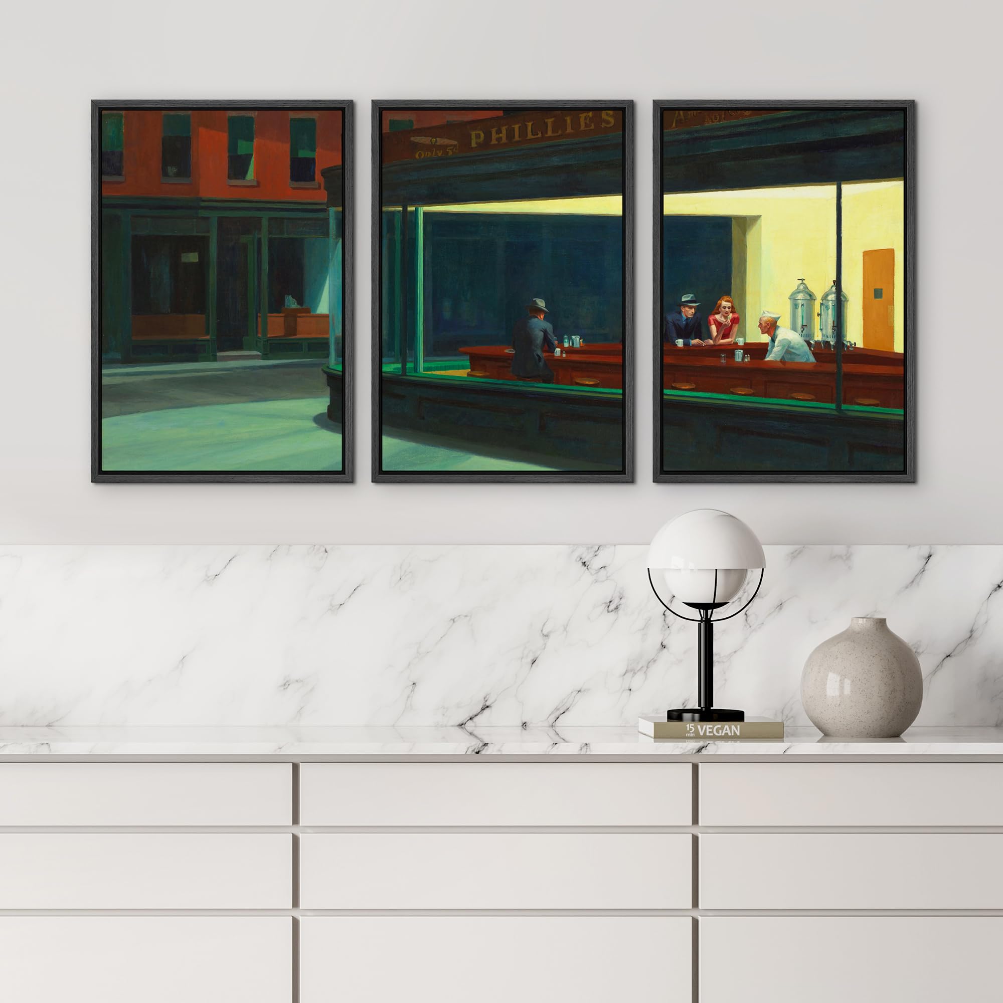 Wall26 Framed Canvas Print Wall Art Set Nighthawks By Edward Hopper Cultural Historic Oil Painting Fine Art Reproduction Scenic