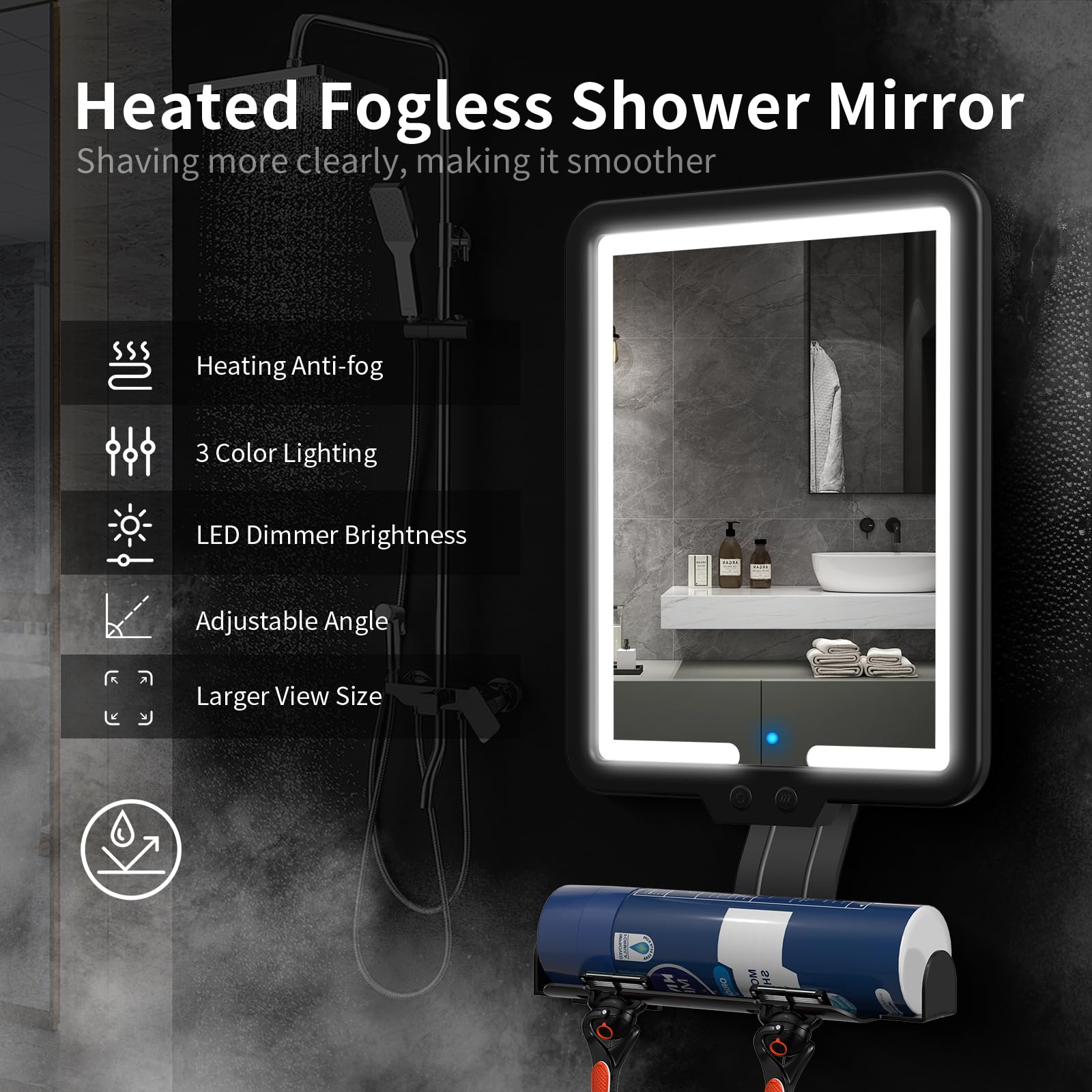 Shower Mirror Fogless For Shaving, Heated Shower Mirror With 3 Color Lights Dimming 9.5*8Inch Shower Shaving Mirror, Lighted Sho