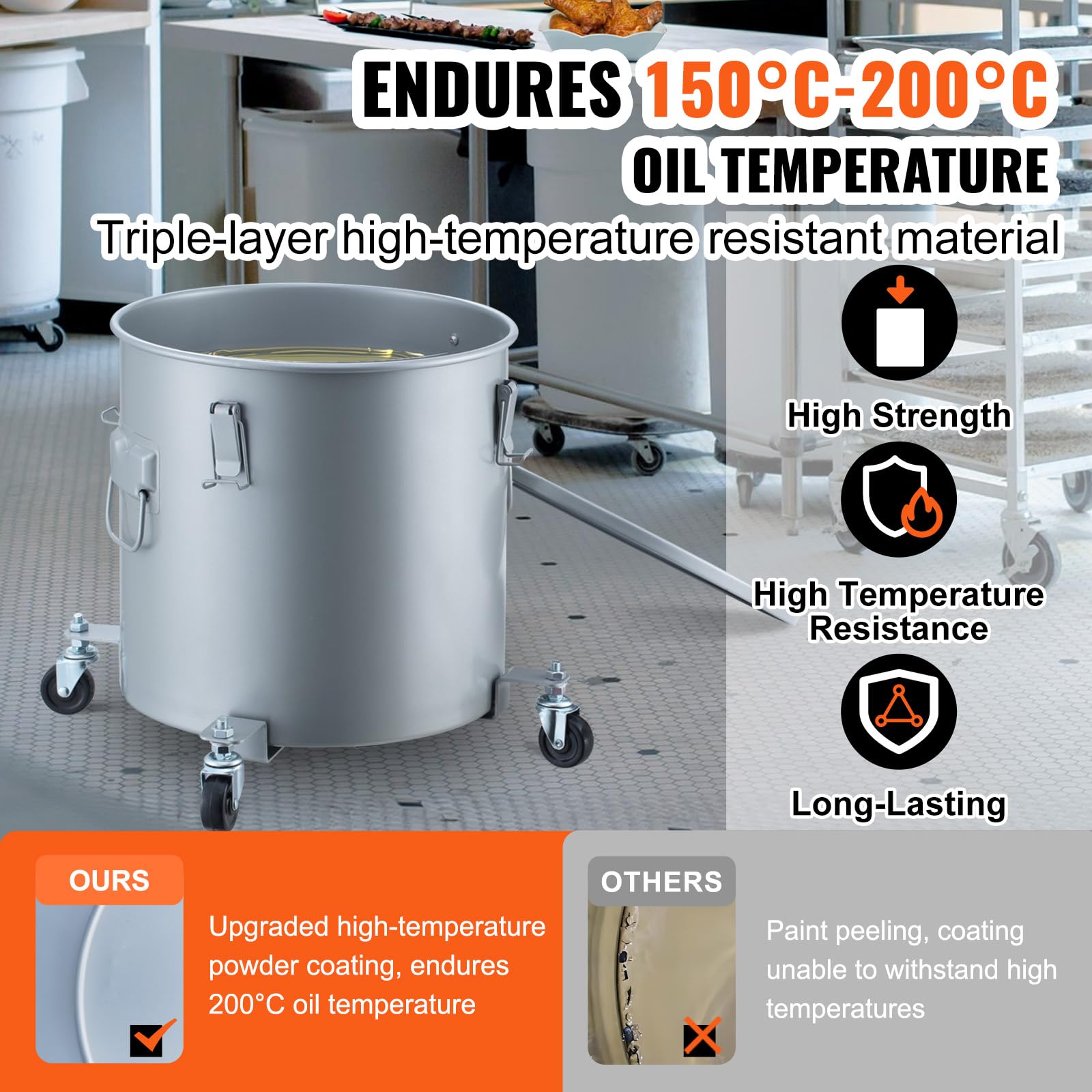 Vevor Fryer Grease Bucket, 8 Gal Oil Disposal Caddy With Caster Base, Carbon Steel With Rust-Proof Coating, Oil Transport Contai