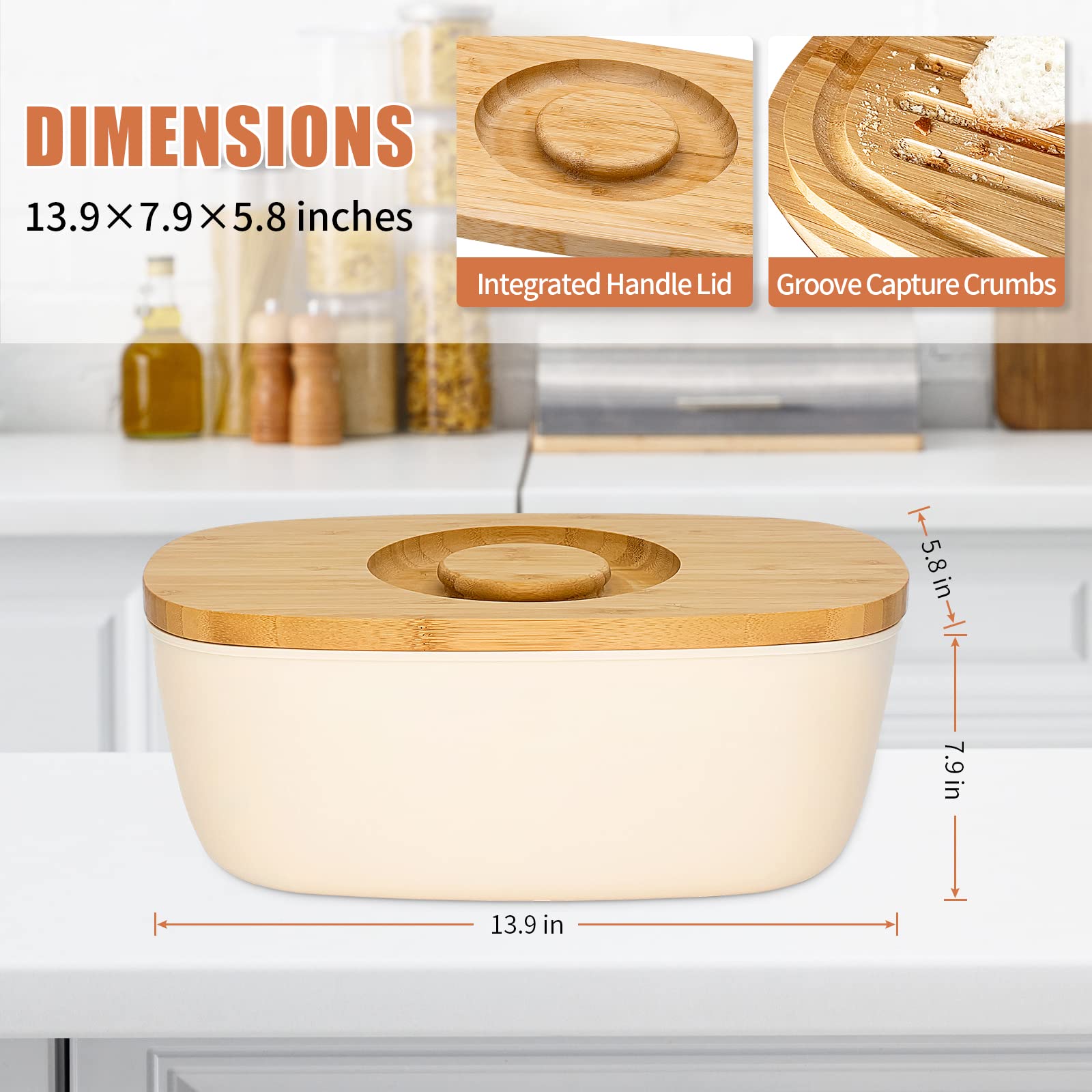 Triiter Bread Box With Bamboo Wood Cutting Board Lid & Bread Slicer Holder, Oval Cream Color Bread Container For Kitchen Counter