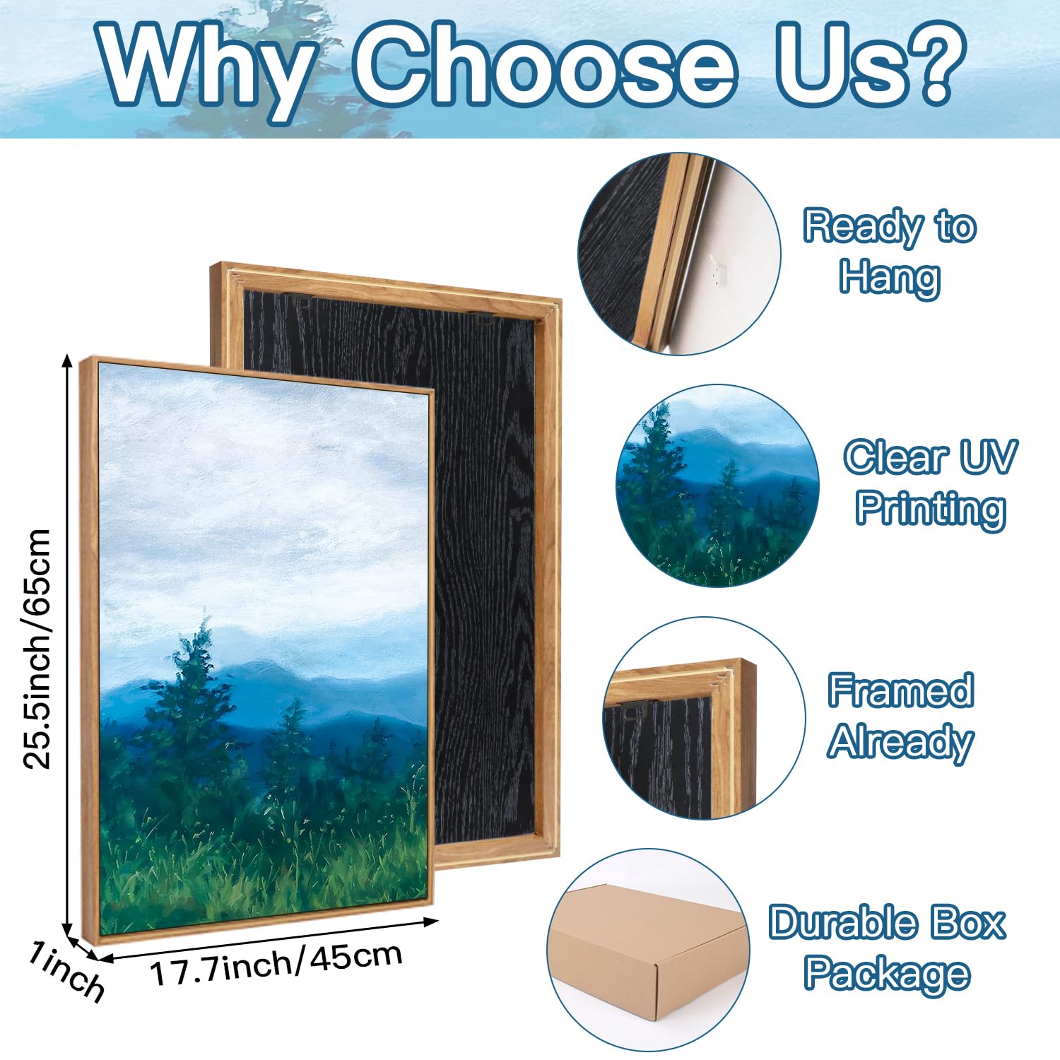 Chditb Boho Blue Mountain Framed Wall Art Paintings(16''X24''), 3 Panels Blue White Sky Ridge Virginia Landscape Watercolor Canv