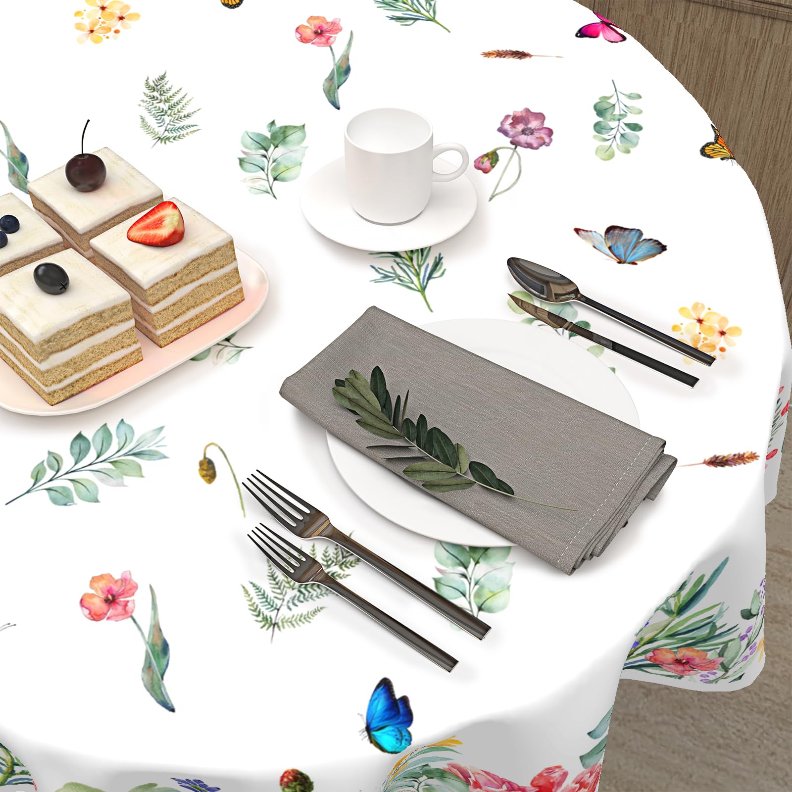 Absop Spring Summer Floral Tablecloth Round 60 Inch Watercolor Butterfly Flower Table Cloth Washable Farmhouse Table Covers For