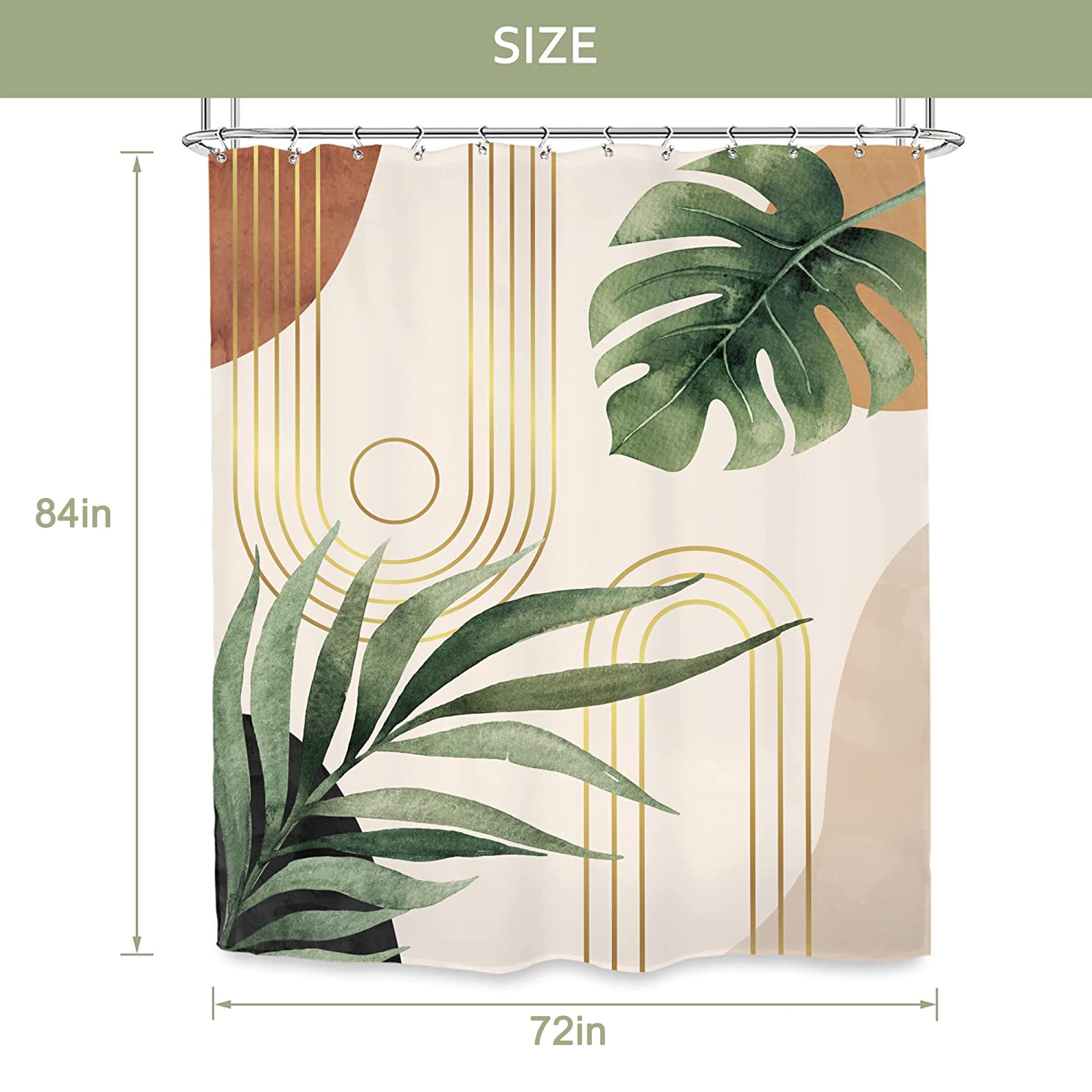 Glawry Abstract Mid Century Shower Curtain Boho Green Tropical Palm Tree Sun Arch Bathroom Minimalist Modern Aesthetic Geometric