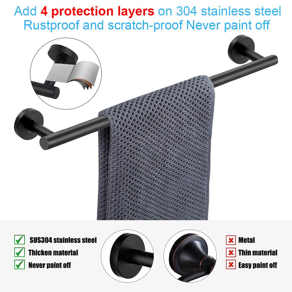 TocTen 5 PCS Bathroom Hardware Set SUS304 Stainless Steel-Towel Rack Set Include Lengthen Hand Towel Bar+Toilet Paper Holder+3 Robe Towel Hooks Bathroom Accessories Towel Bar Set (Matte Black  16IN)