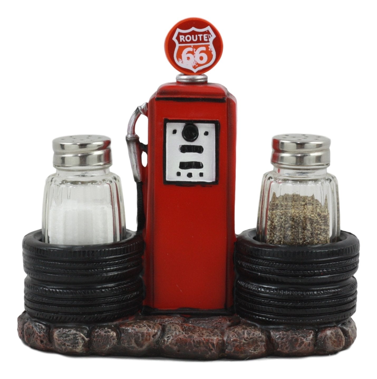 Route 66 Old Fashioned Gas Pump Station Salt Pepper Shaker Holder Figurine Cross Country Road Trip Lovers