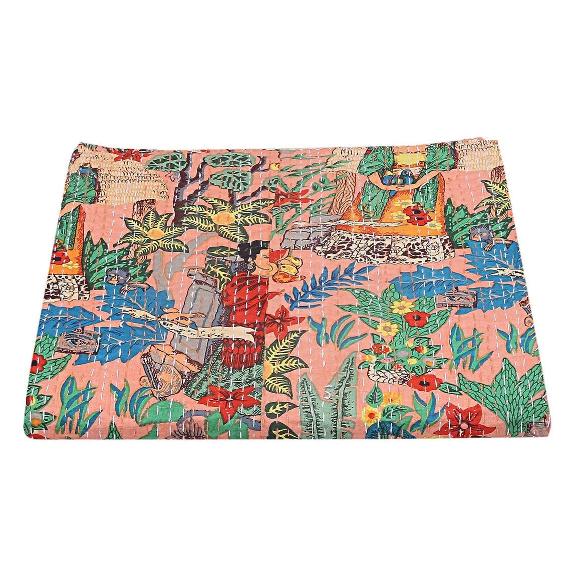 Mtreon Cotton Quilt Handmade Bed Cover Cotton Kantha Blanket Throw Home Decor Bedspread Bedsheet, Twin Size(60X90 Inch)