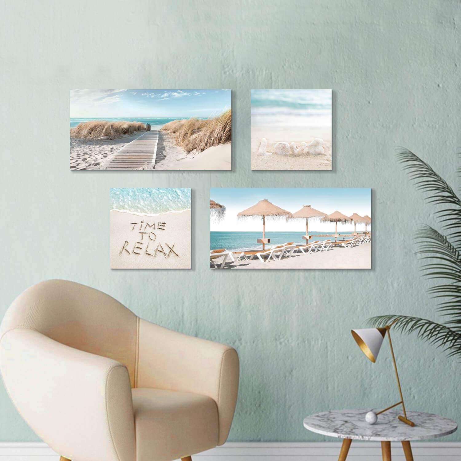 Artistic Path Beach Theme Canvas Artwork Prints: Sandybeach Pathway & Beach Chairs And Umbrella Wall Art For Living Room (Overal