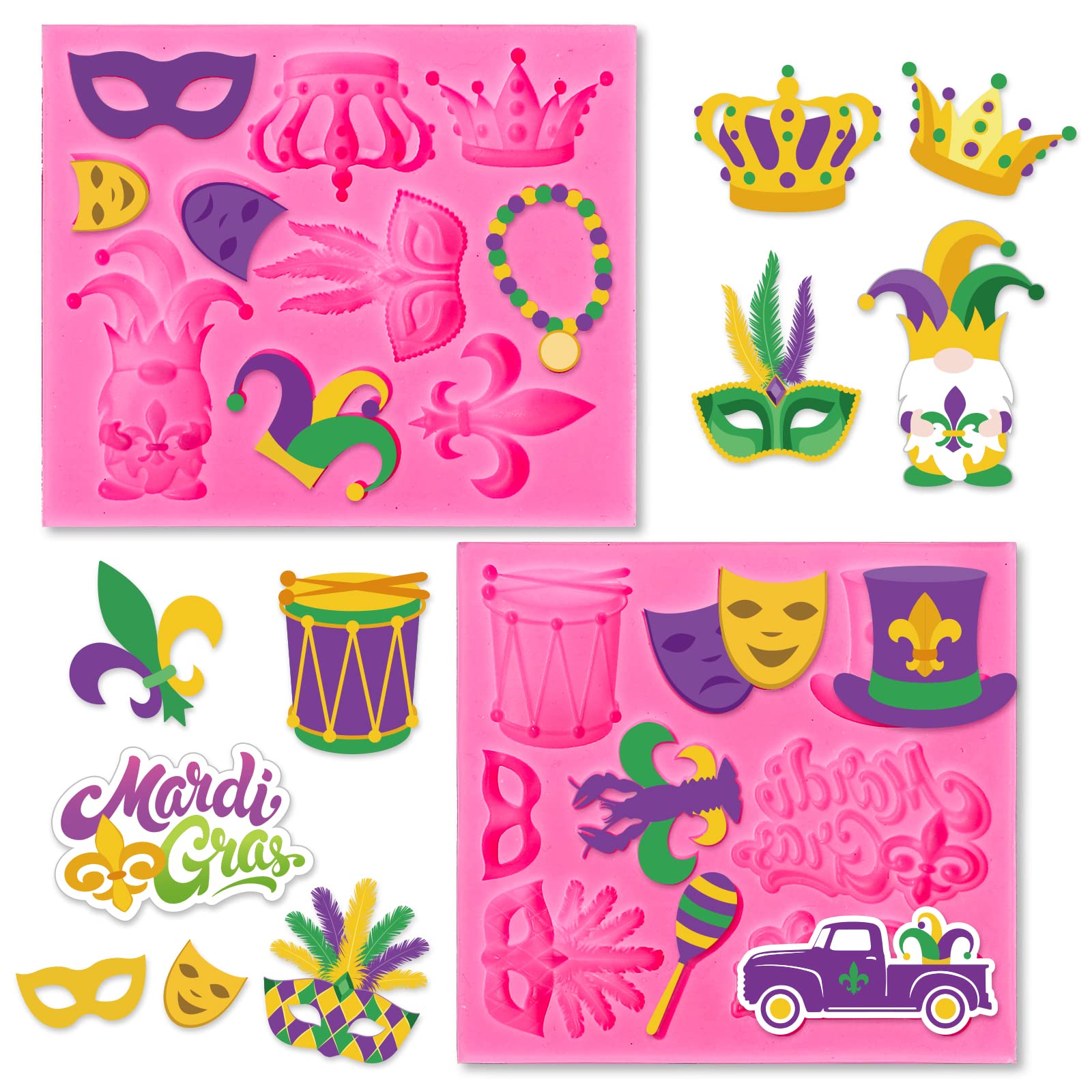 Whaline 2Pcs Mardi Gras Fondant Molds Masquerade Mask Fleur-De-Lis Crown Feather Mask Pattern 3D Silicone Mould Carnival Cupcake