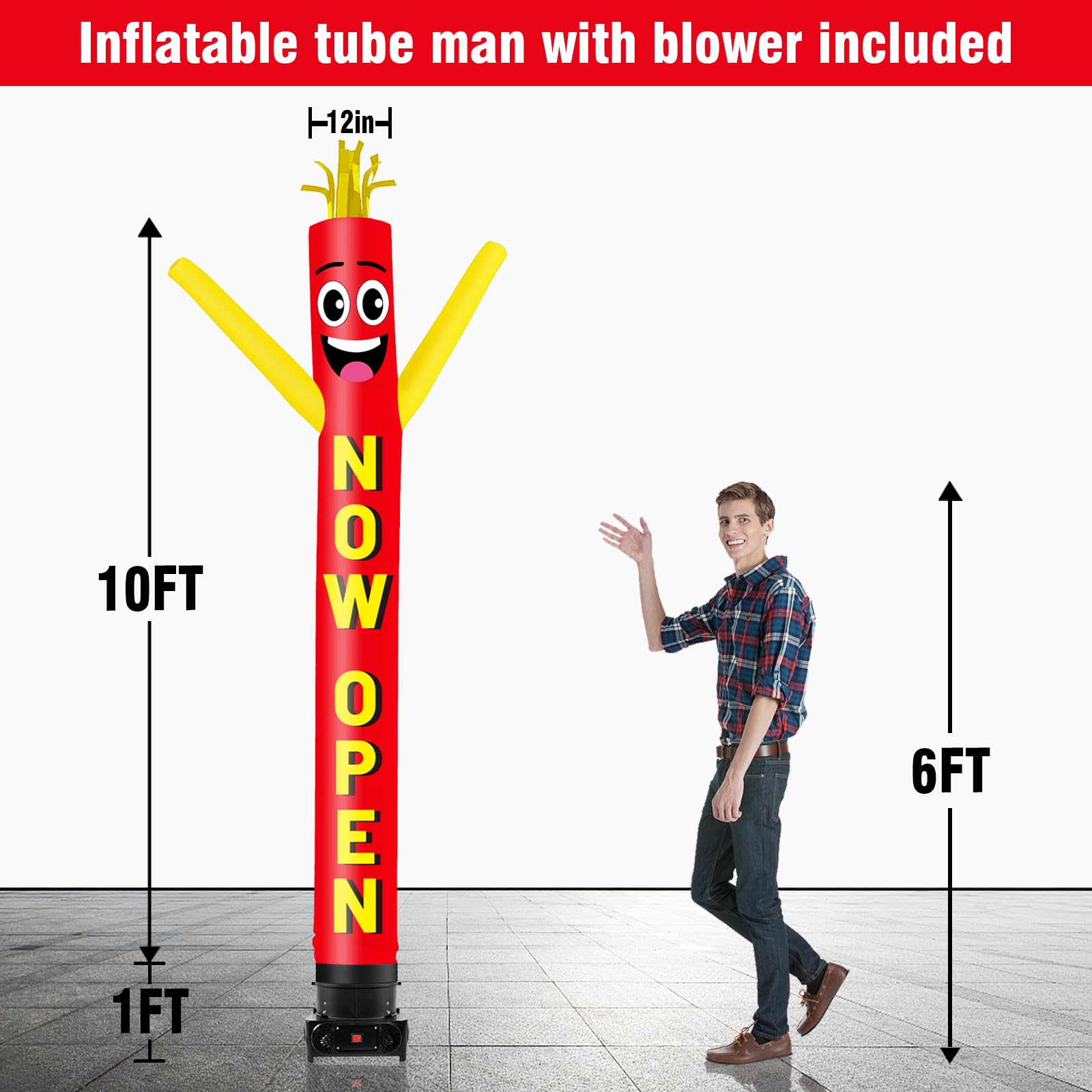 GOODENY 10FT Tall Inflatable Tube Man Now Open Wacky Wavy Dancing Guy with 3/4 HP Weather-Resistant Blower (12  Diameter) for Ou