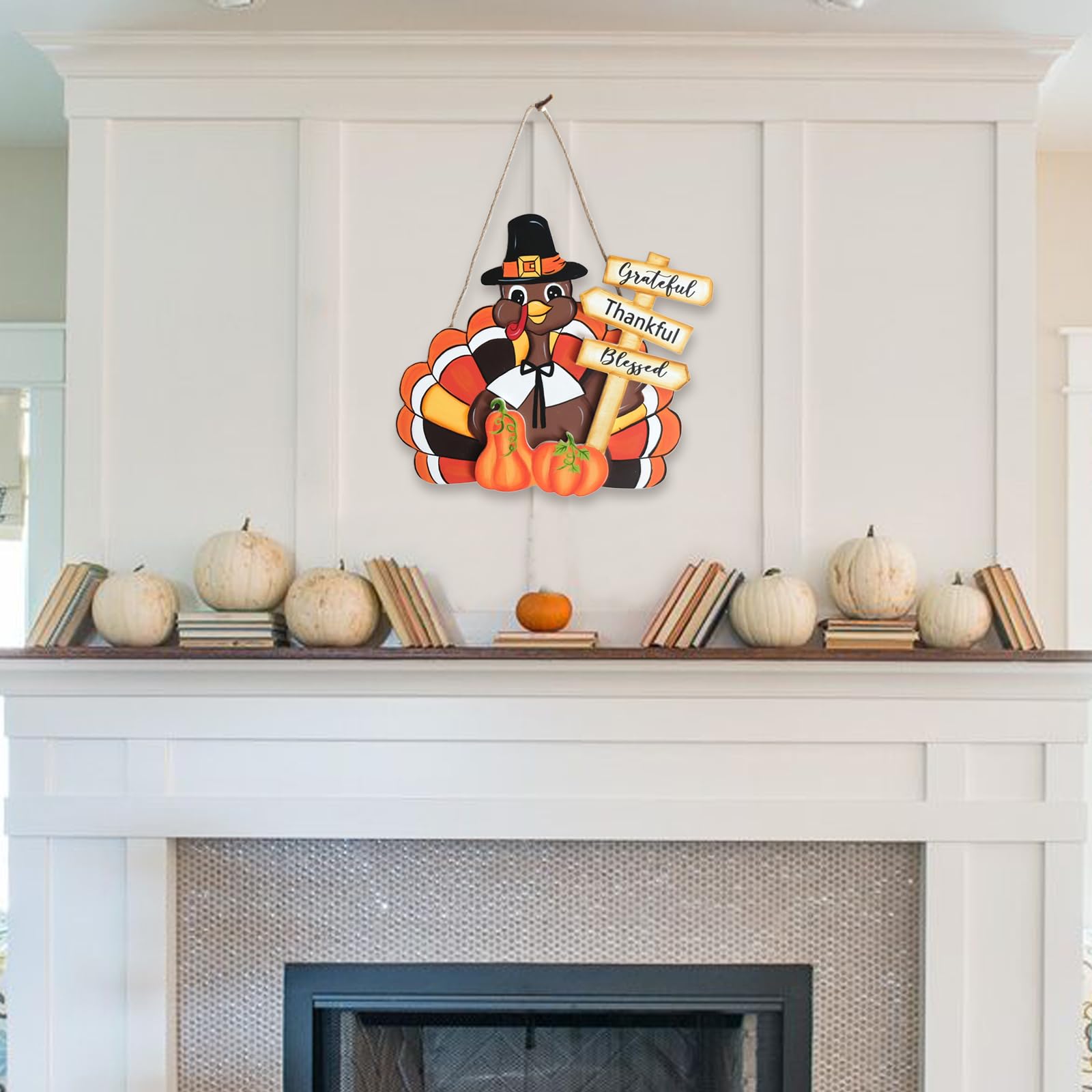 Egolot Fall Thanksgiving Turkey Welcome Wooden Sign for Front Door with Pumpkins, Thanksgiving Grateful Thankful Blessed Turkey