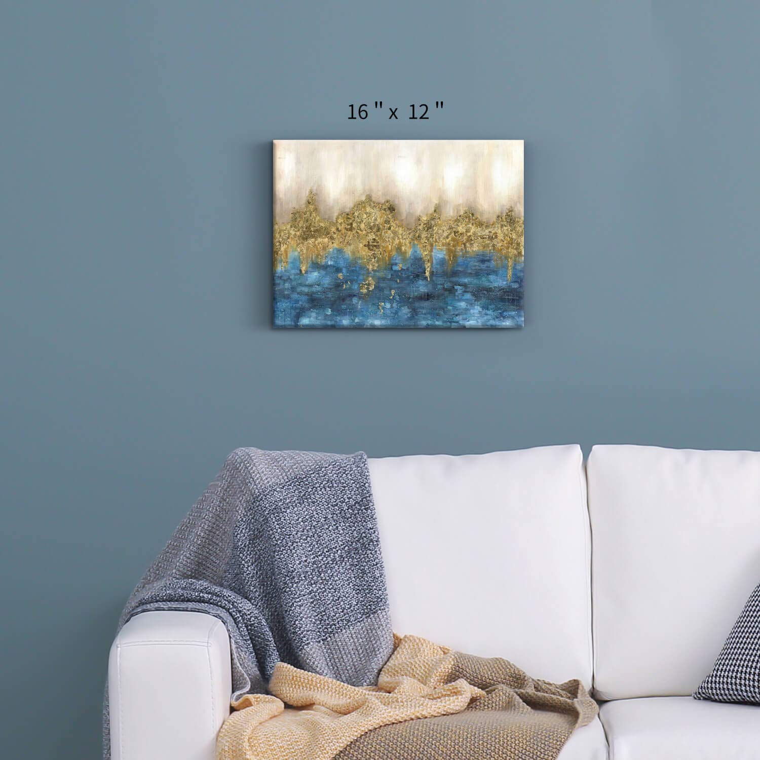 Abstract Print Canvas Wall Art: Blue Gold Artwork Picture Small Size For Bedroom (16    X 12'' X 1 Panel)