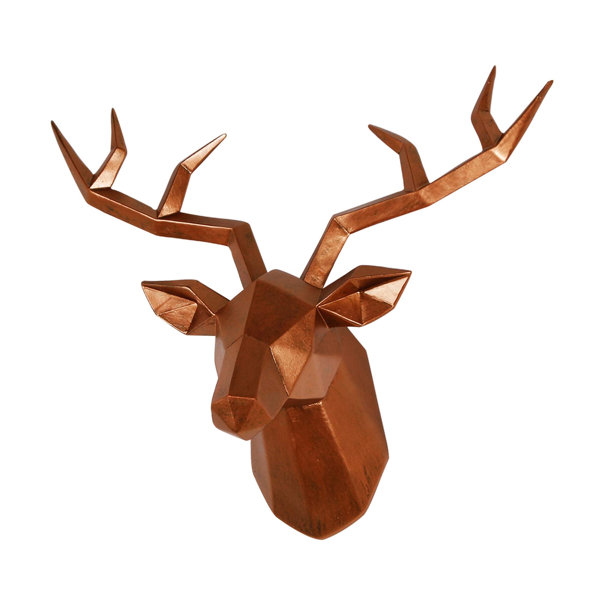 Keygift Deer Head Wall Decor Geometrical Antique Copper Deer Antler Wall Sculpture Faux Resin Animal Head Statue Wall Hanging Ce