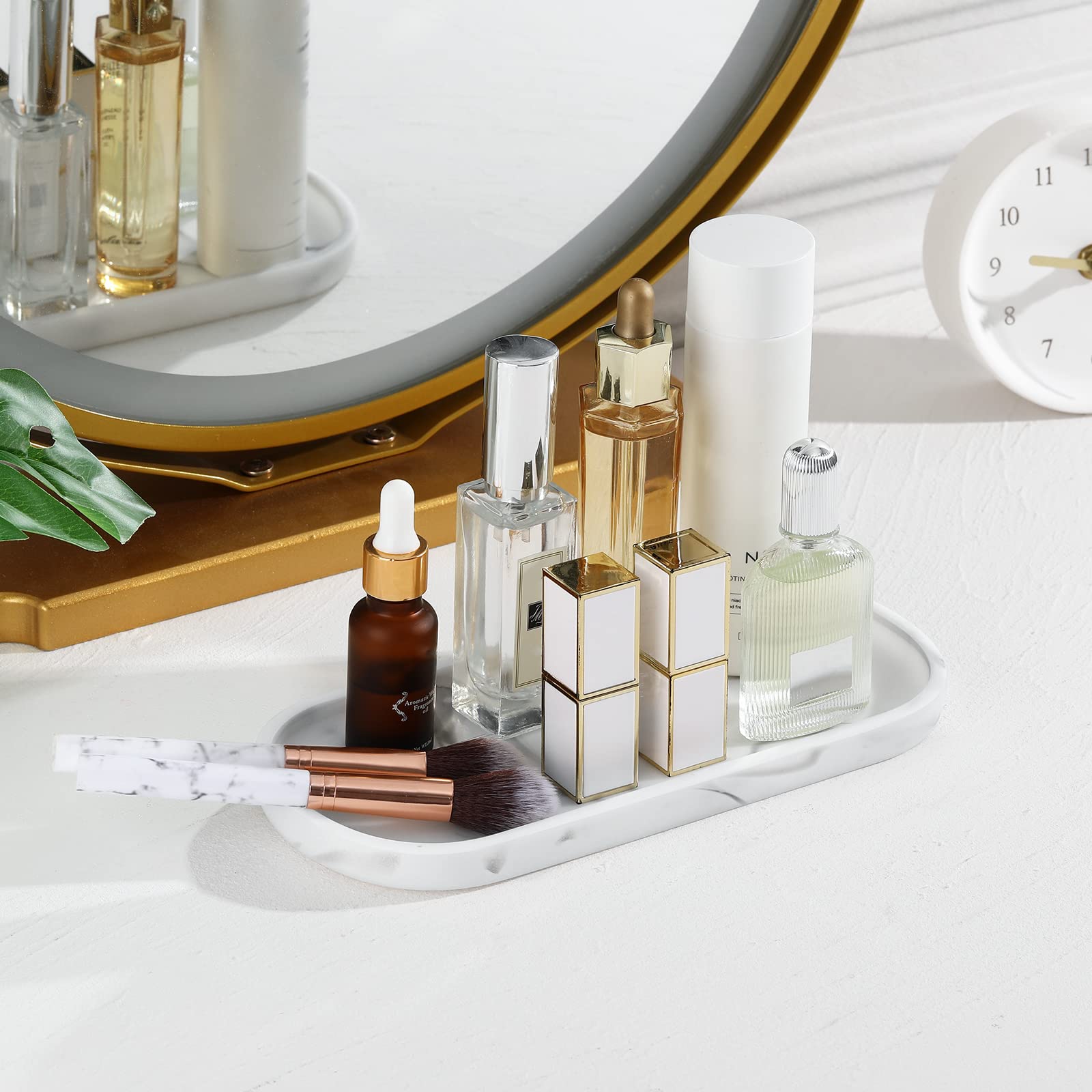 Luxspire Bathroom Vanity Tray, Oval Soap Dispenser Tray, 10'' Marble Kitchen Counter Trays, Resin Bathroom Tray For Counter, Toi