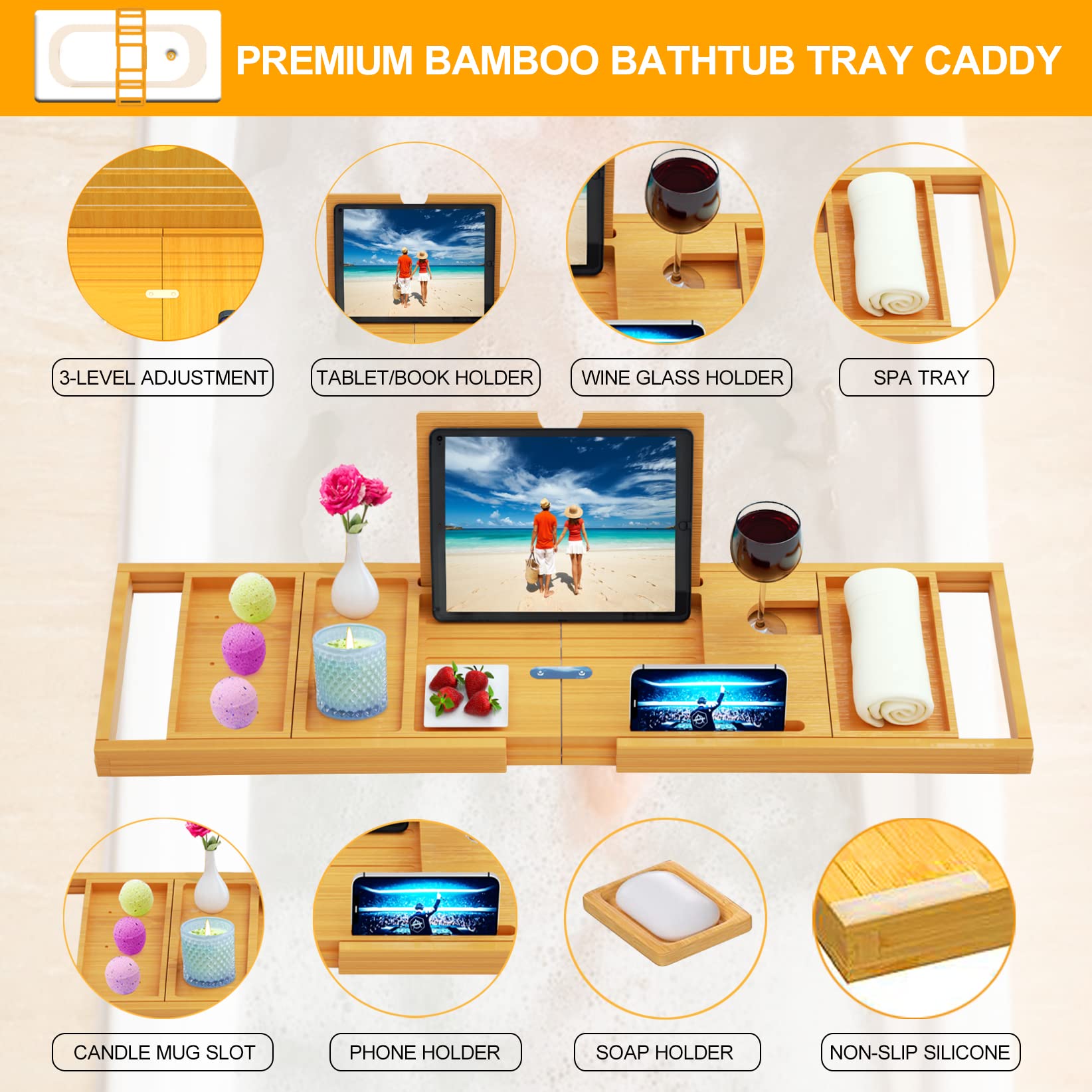 Banlilu Premium Bamboo Bathtub Tray Caddy - Expandable, Fits Most Tubs, Natural Color, Luxury Style, Model BATHTRY-SERIES1